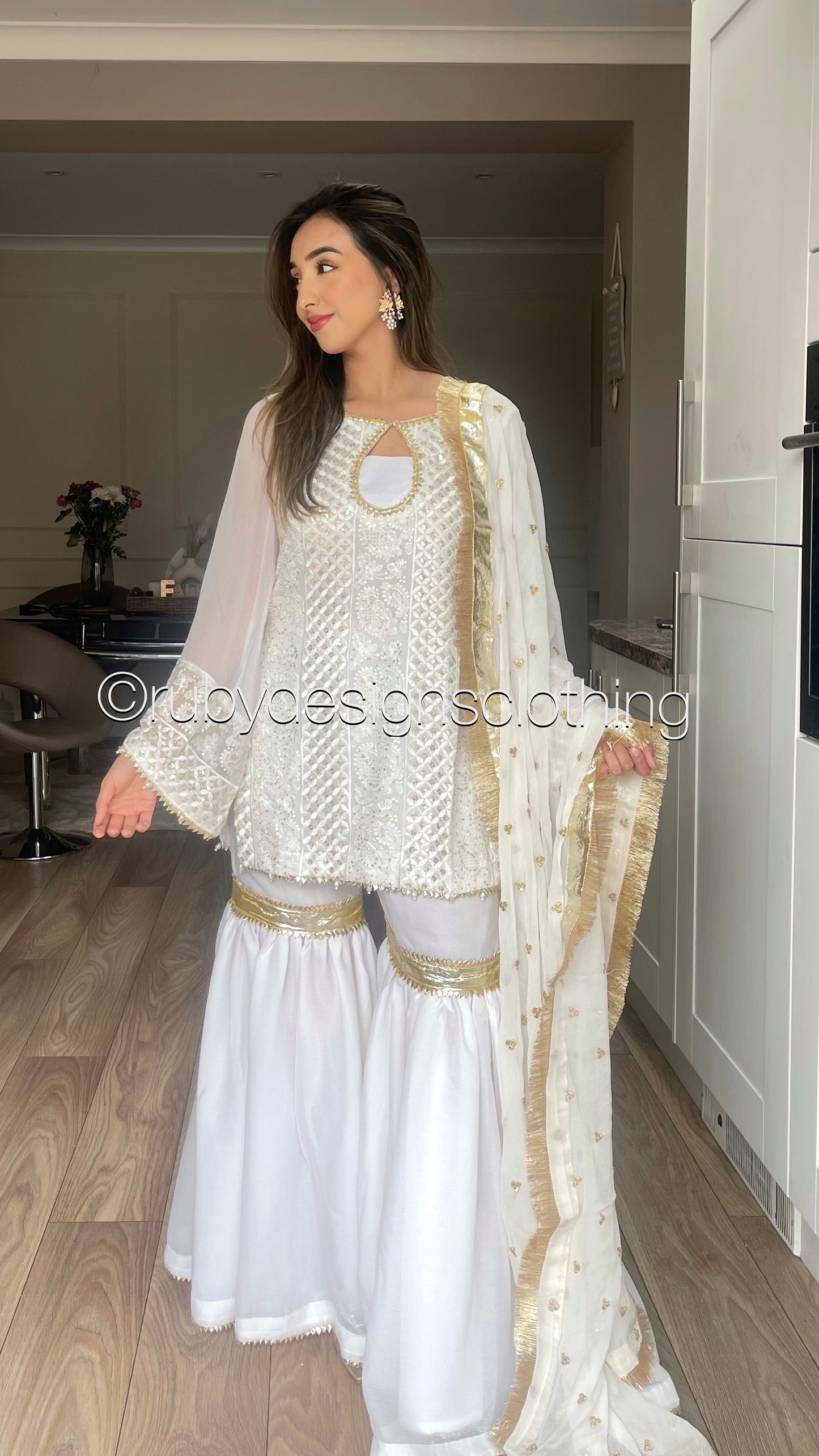 SYRA - White and Gold Luxury 3 Piece Chikankari Chiffon Gharara Suit with Pure Chiffon Dupatta (7753710829781)