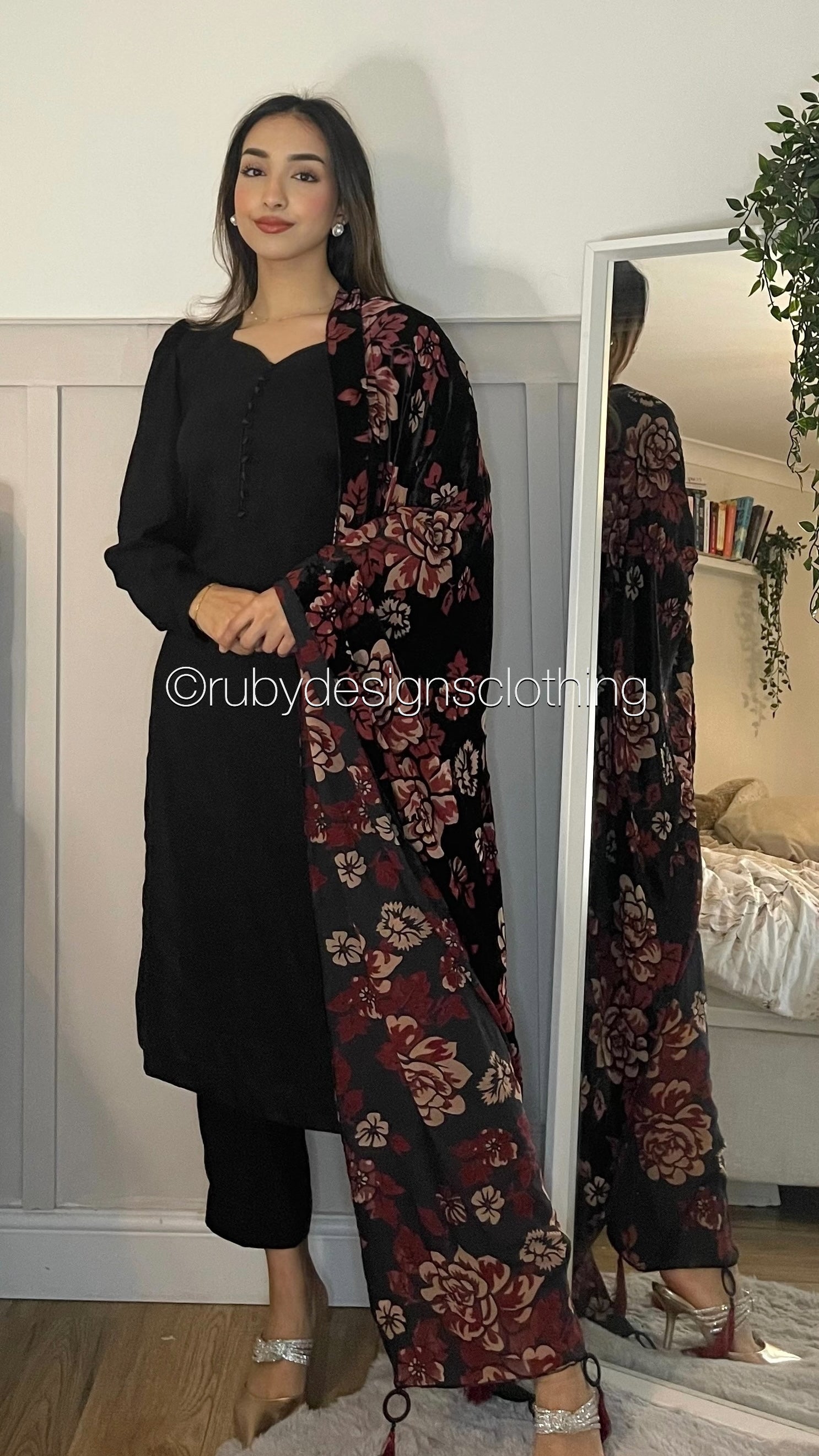 MARYAM Black - 3 Piece Black Suit with Velvet Palachi Shawl (7974928875733)
