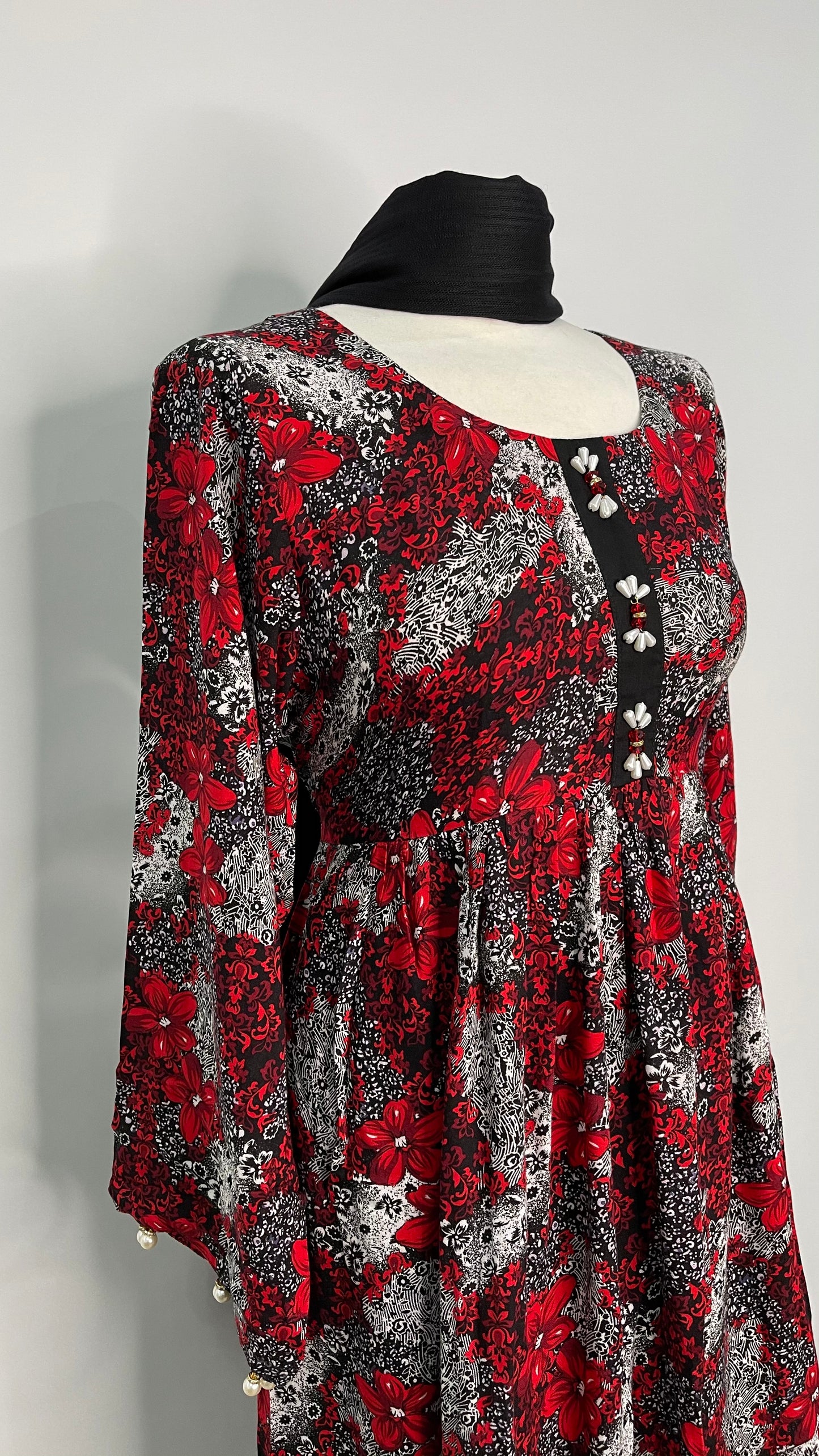 3 Piece Linen Red and White Floral Print Dress