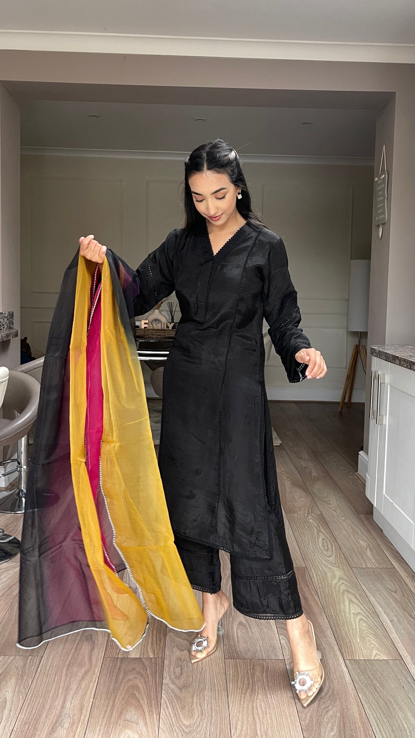HUDA - 4 Piece Black Cotton Silk Suit with Ombre Organza Dupatta (7749557551317) (8748081512661)