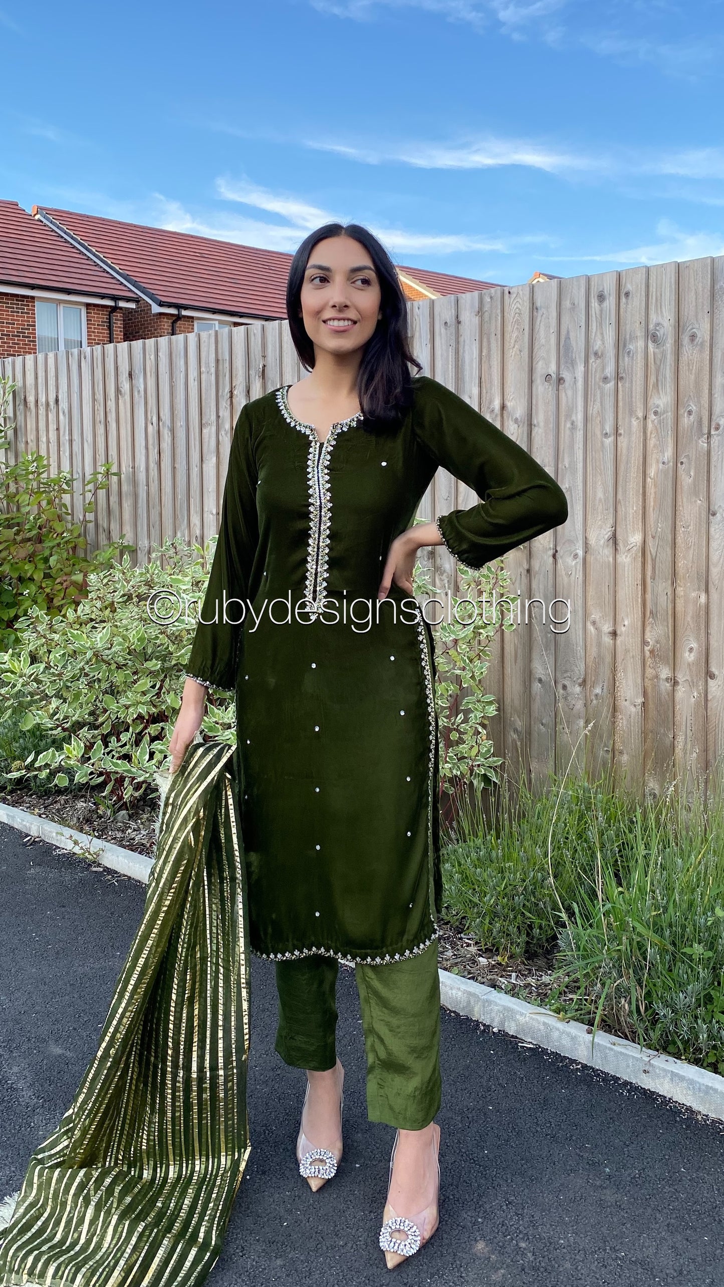 AMARA - 3 Piece Dark Green Velvet Suit with Organza Dupatta