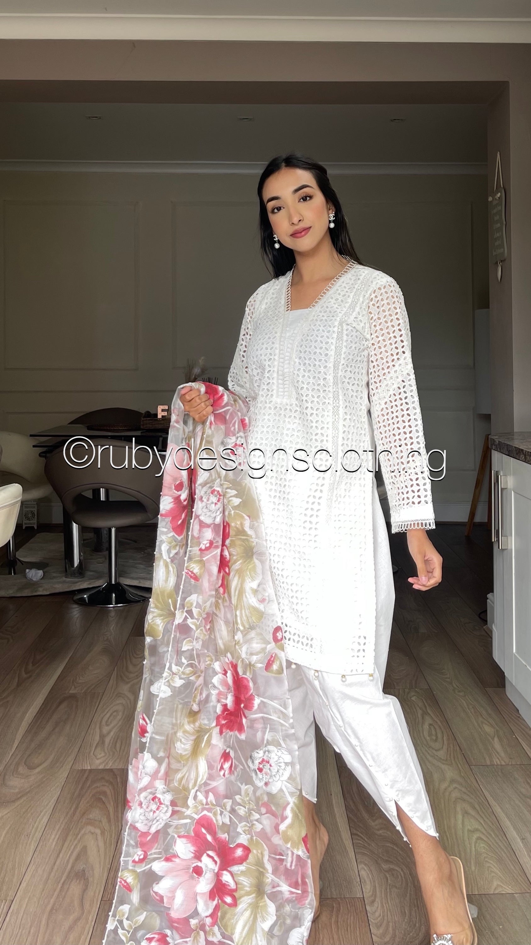 FARIA - 3 Piece White Chikankari Suit with Tulip Trousers and Floral Organza Dupatta (7766626599125)