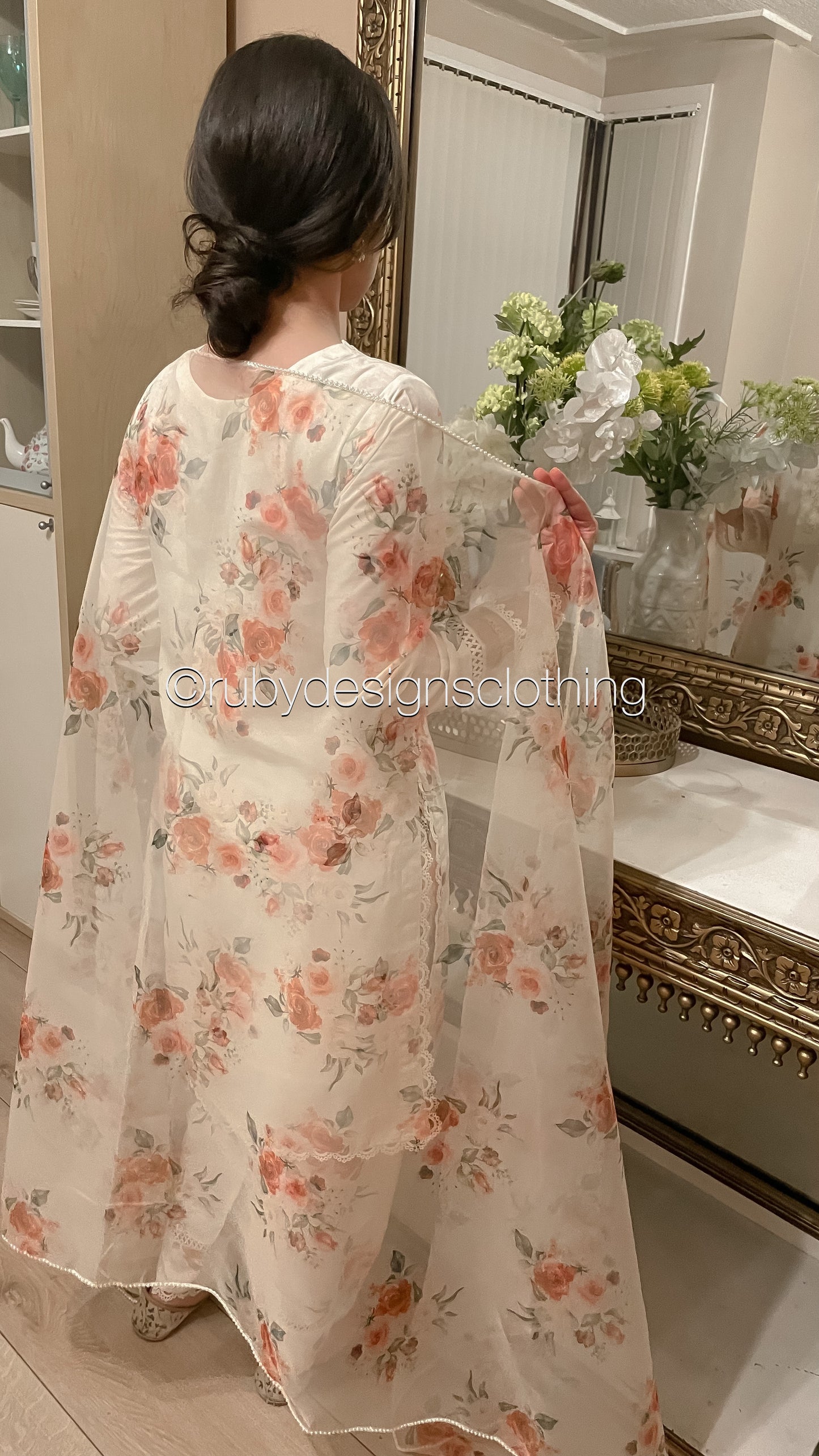 YUSRA - 3 Piece Cream Floral Print Swiss Lawn Suit with Organza Dupatta (8022979281109)