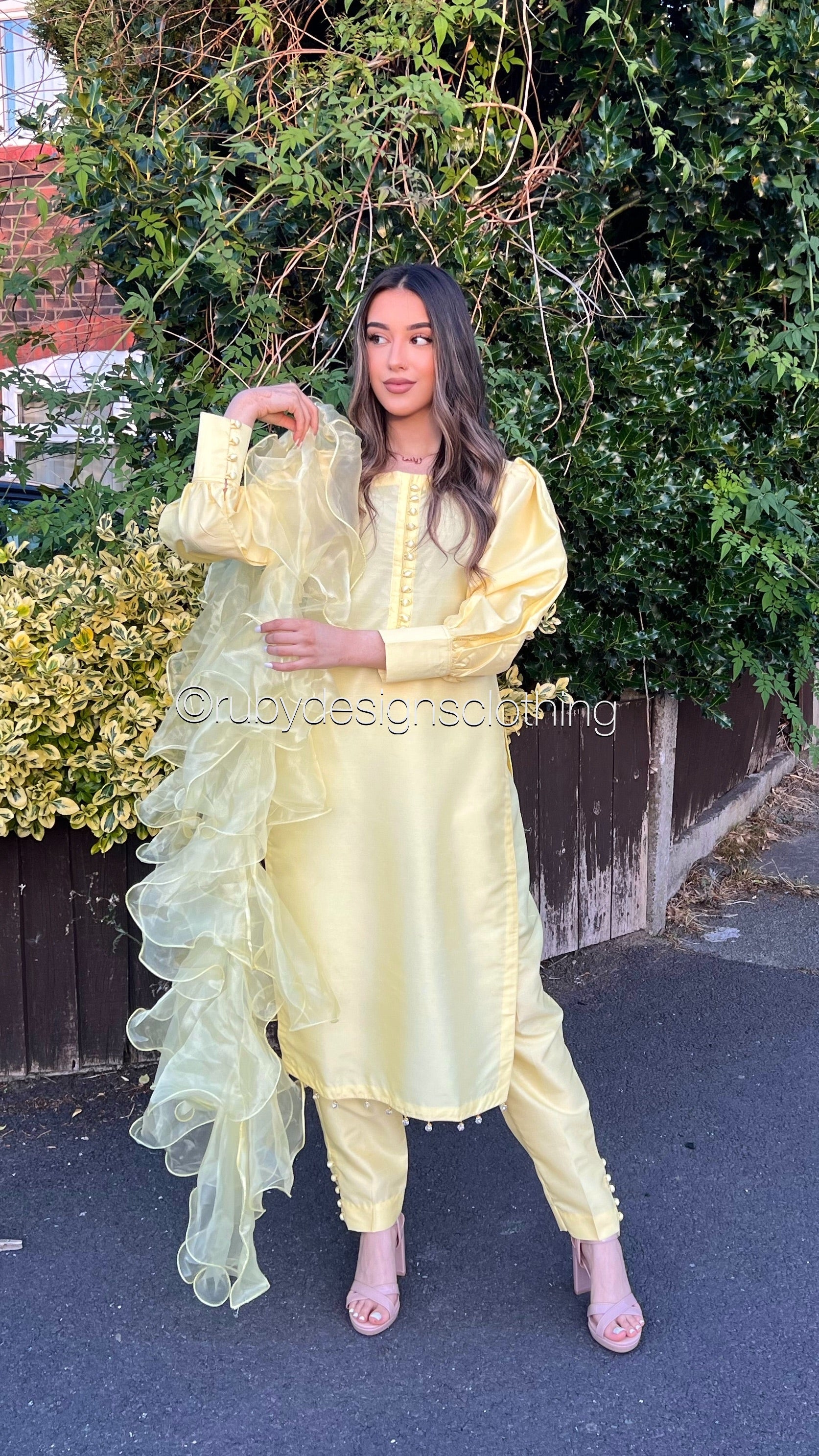 MALIHA Yellow - 3 Piece Raw Silk Suit with Ruffle Dupatta – Ruby