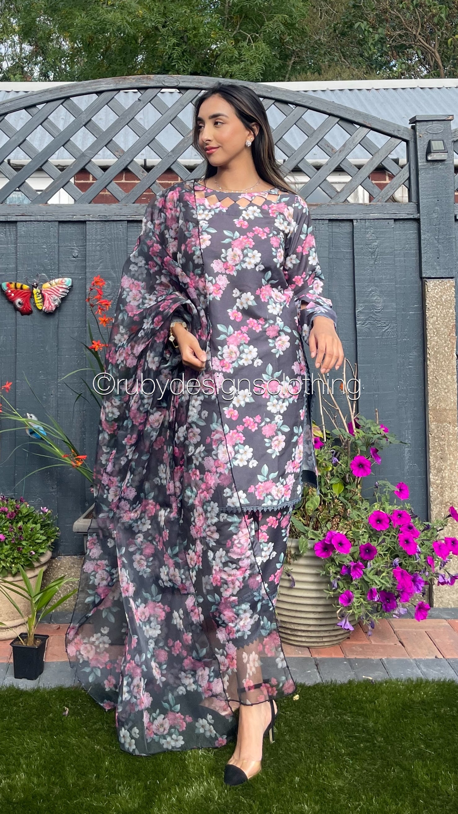 Floral Dress Design For Lawn Suits SIDRA Piece Charcoal Grey/Black