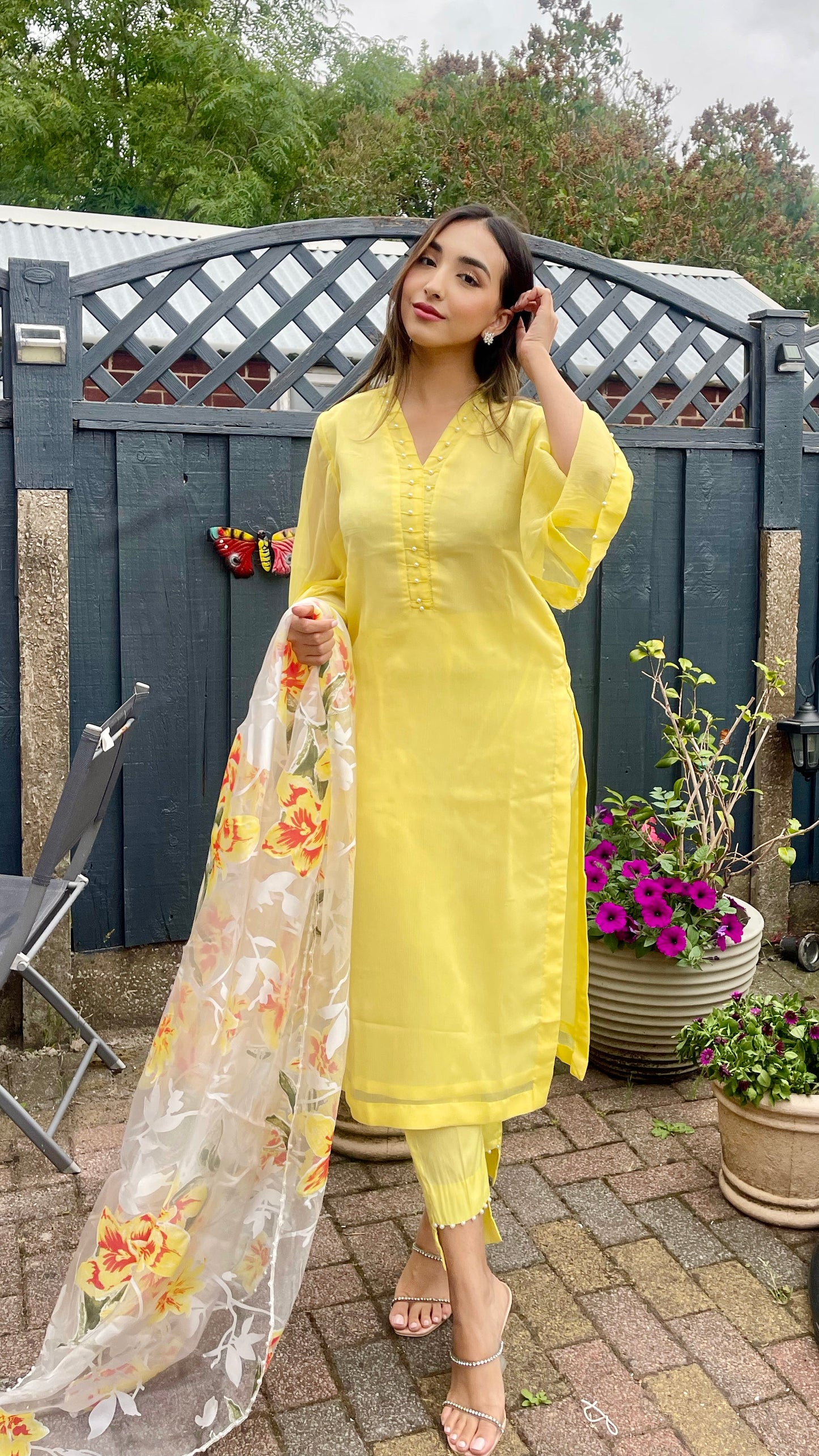 ARIA Lemon - 3 Piece Chiffon Suit with Floral Print Organza Dupatta (7801241305301)