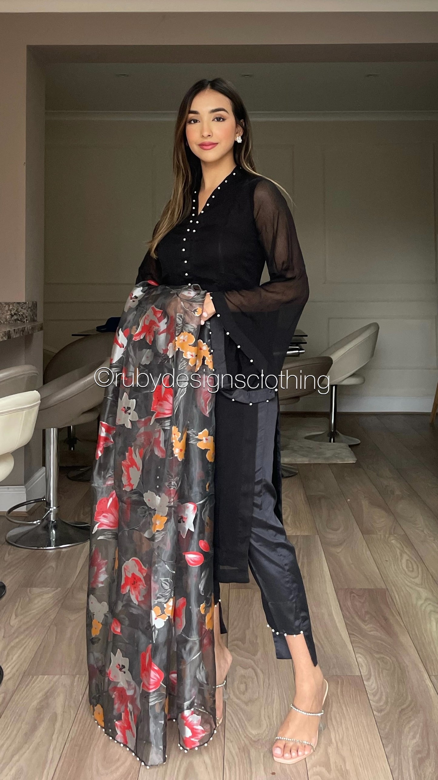 ARIA Black - 3 Piece Chiffon Suit with Floral Print Organza Dupatta