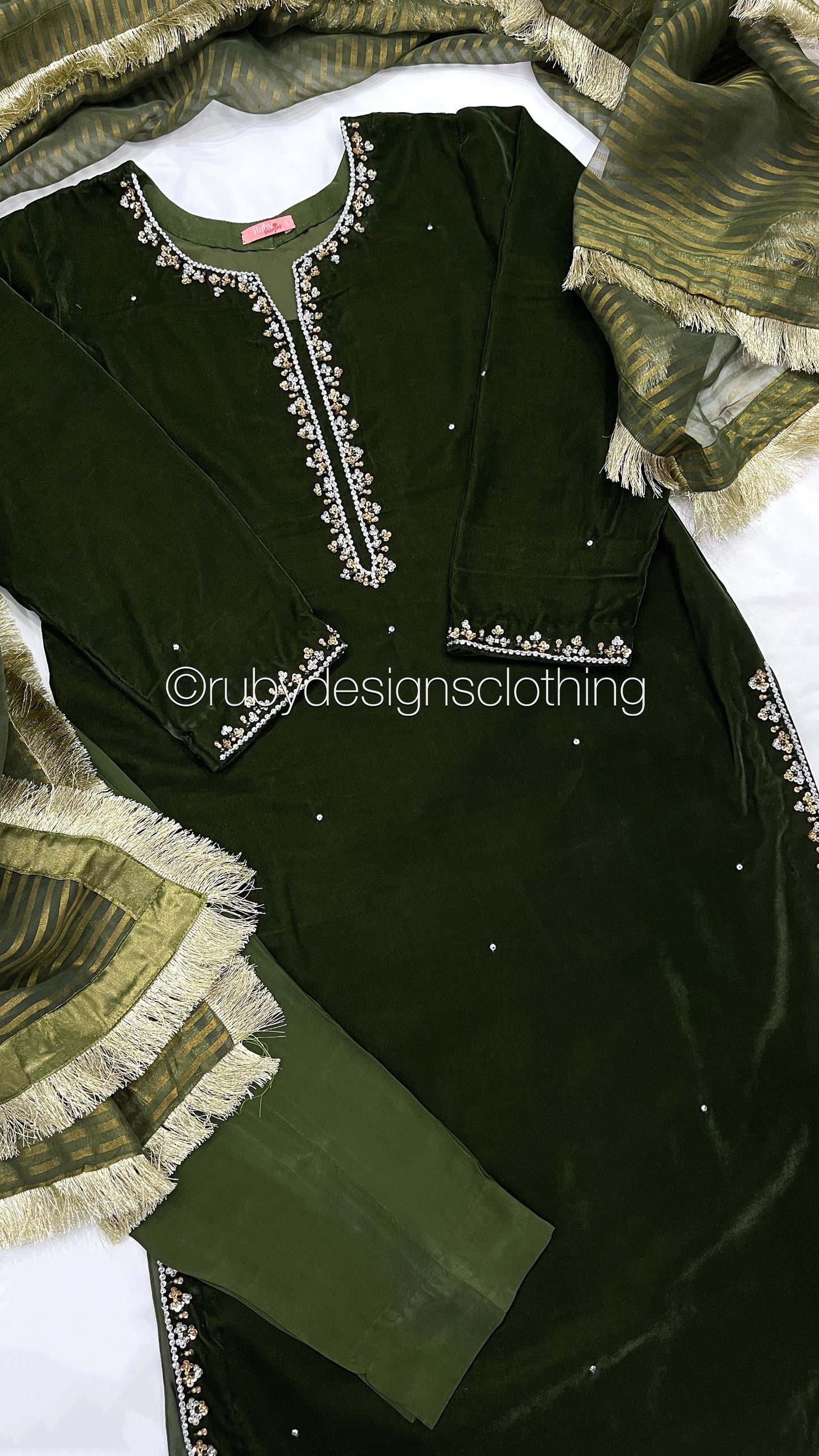 AMARA - 3 Piece Dark Green Velvet Suit with Organza Dupatta (7953754980565) (8747999527125)