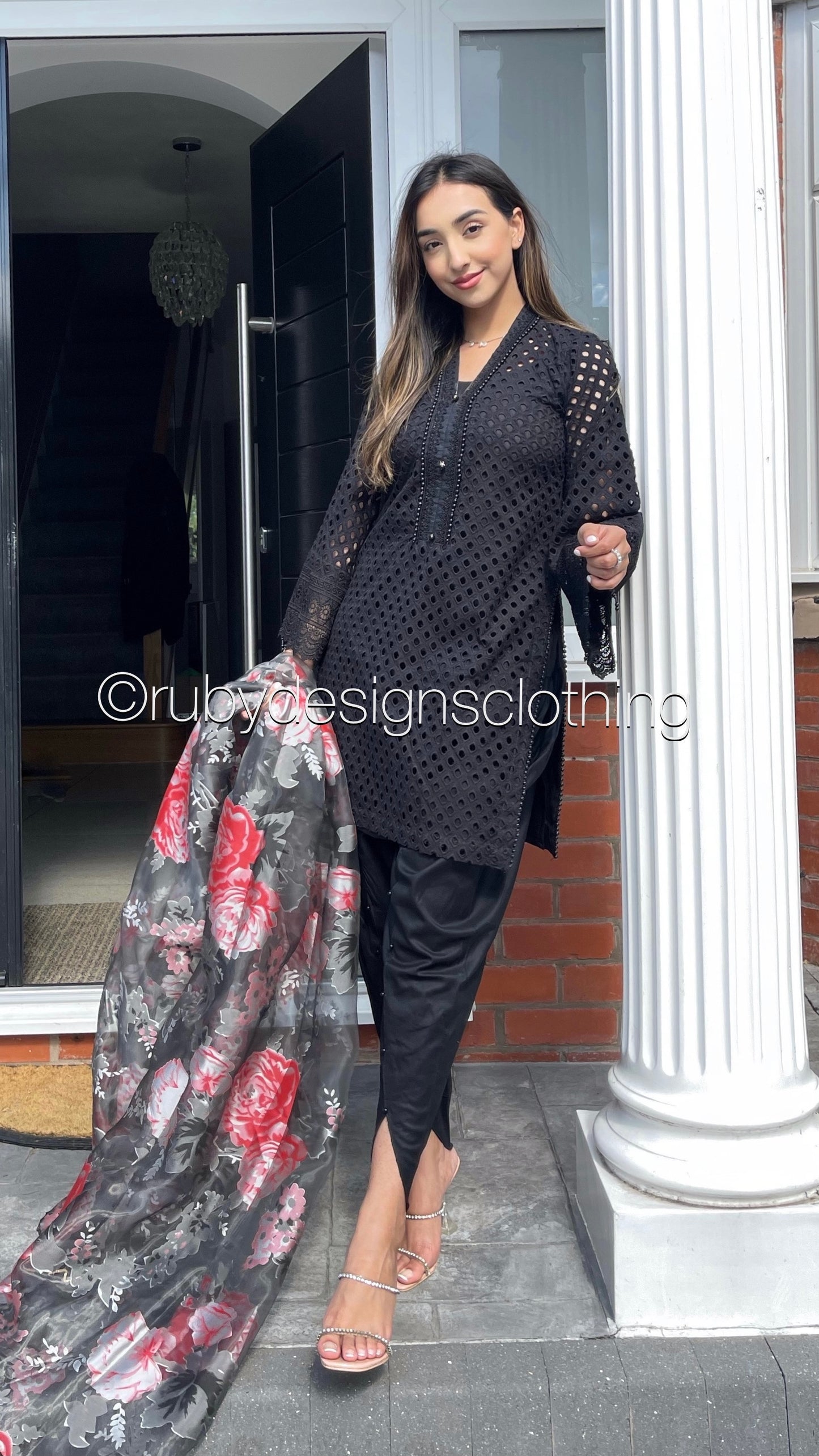 AFYA - 4 Piece Black Chikankari Suit with Tulip Trousers and Floral Organza Dupatta (7762932629717)