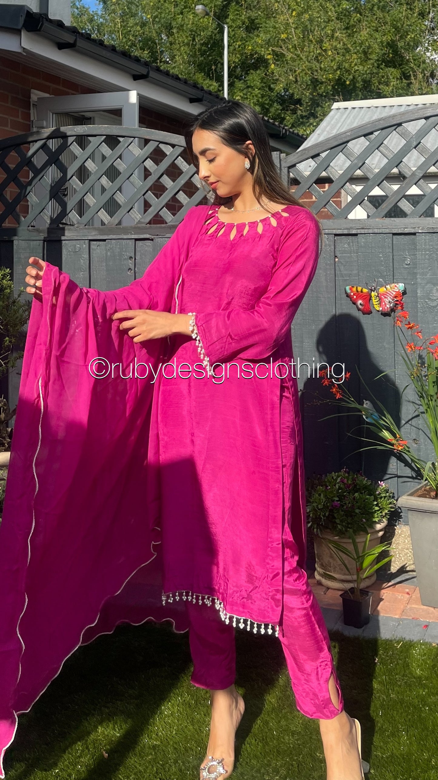 AMELIA Pink - 3 Piece Raw Silk Suit with Loop Cutout Neck (8020413382869)