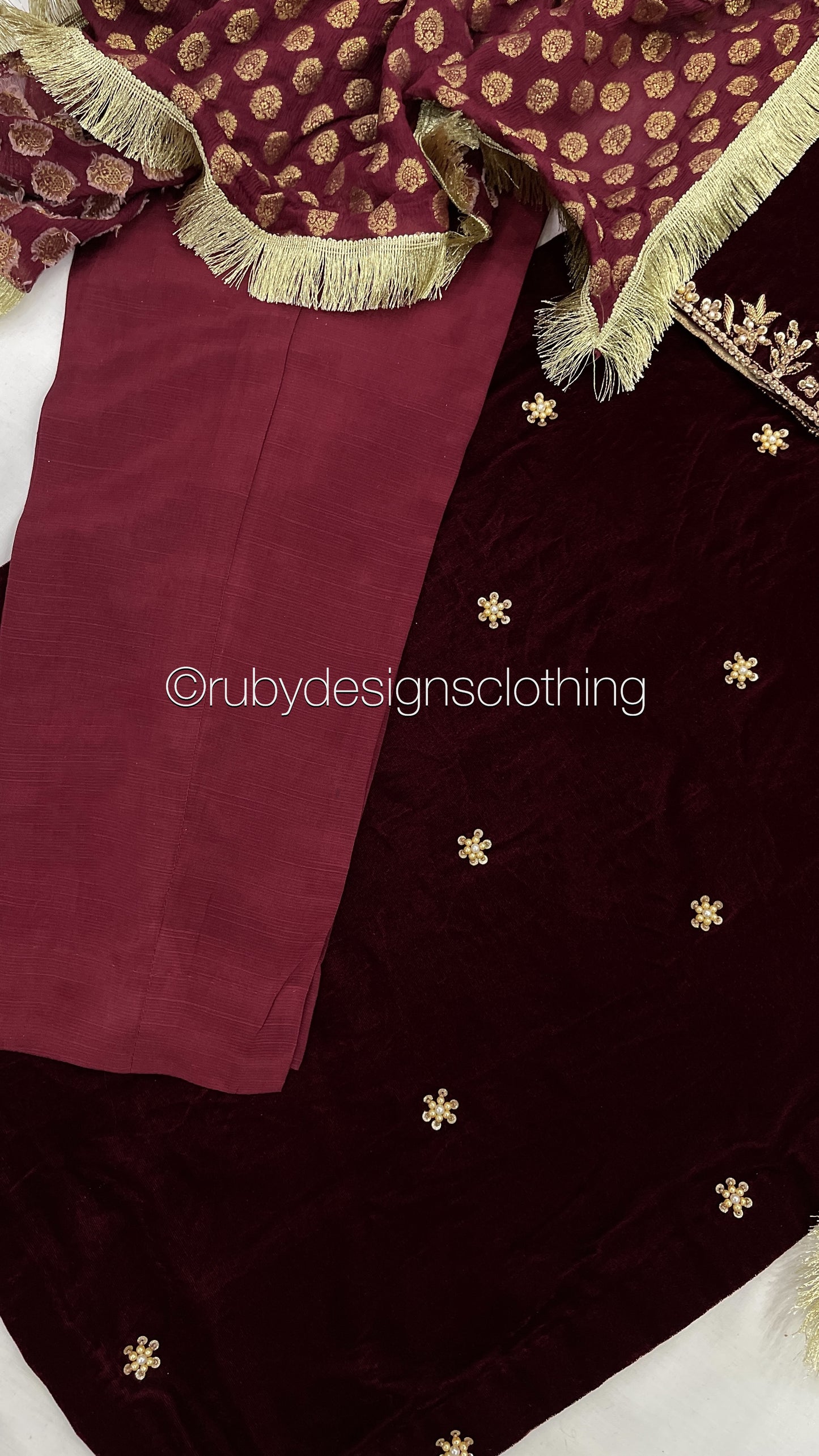 HOORIA - 3 Piece Maroon Velvet Suit with Jamawar Chiffon Dupatta (7960240947413)