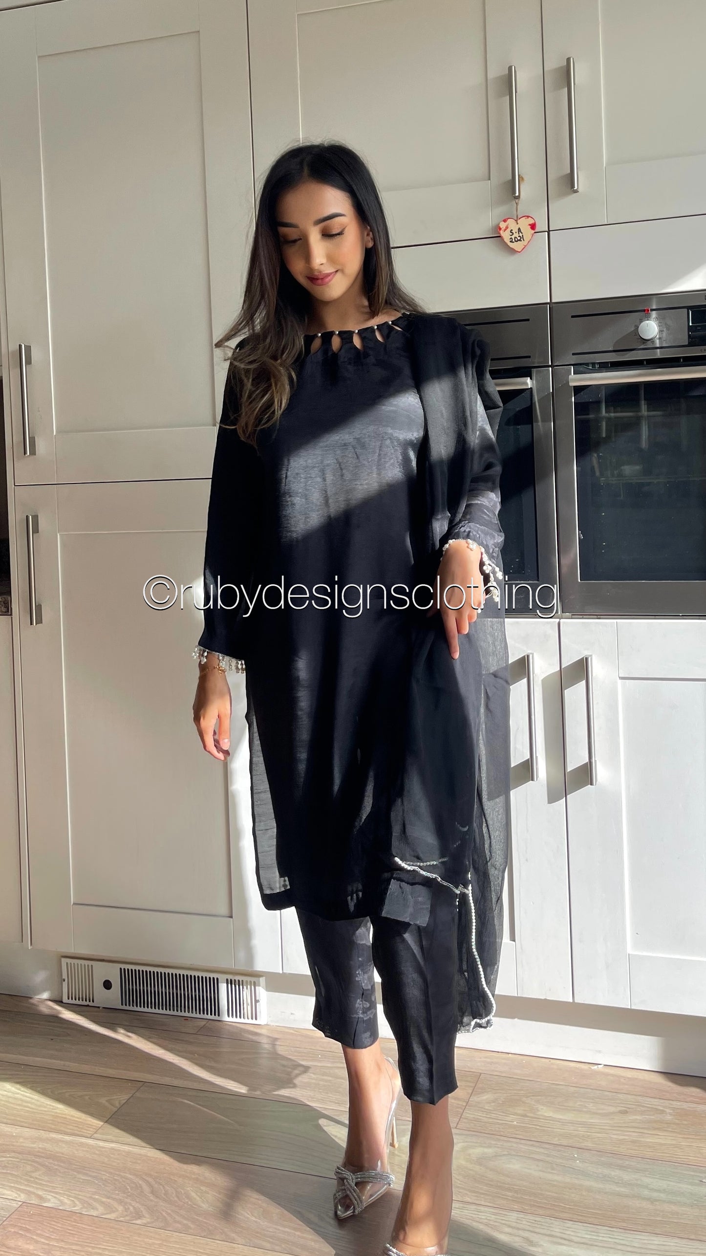 AMELIA Black - 3 Piece Raw Silk Suit with Loop Cutout Neck (8020413219029)