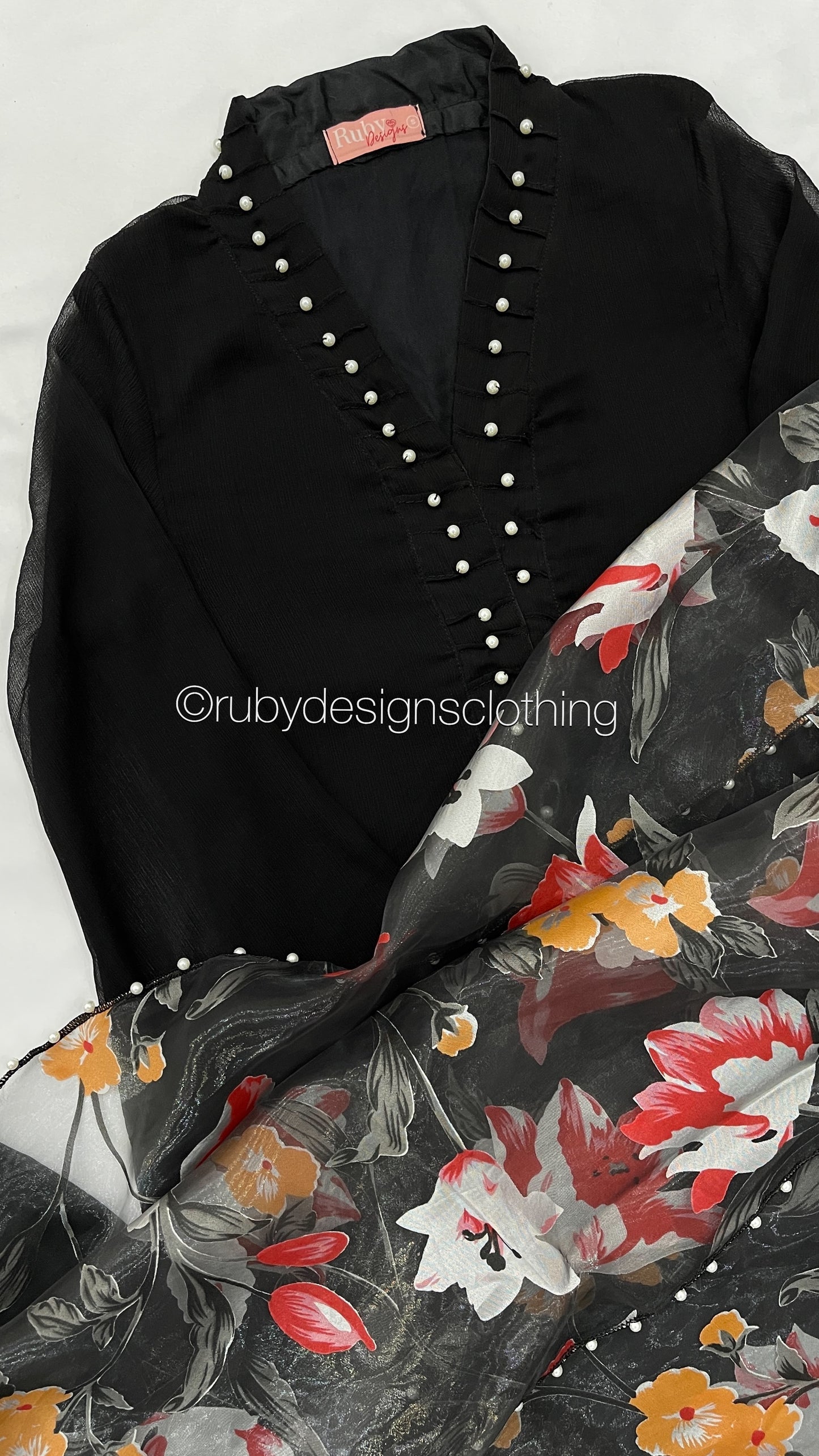 ARIA Black - 3 Piece Chiffon Suit with Floral Print Organza Dupatta (7804091990229)