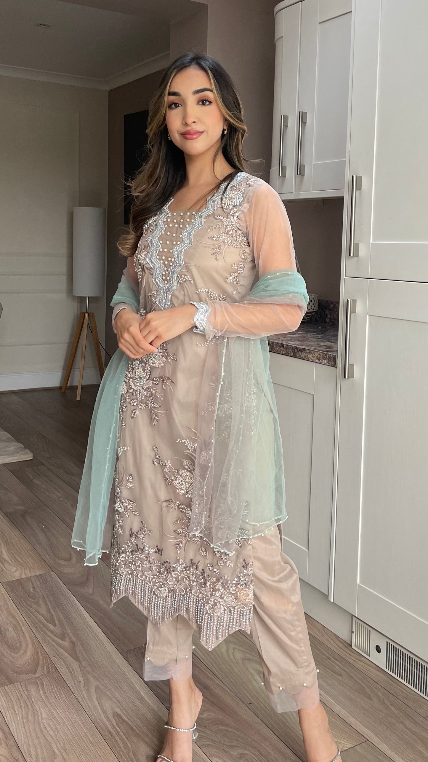 AISHA - Tan/Light Brown 3 Piece Heavy Embroidered Net Suit with Ombré Net Dupatta (7674340311253)