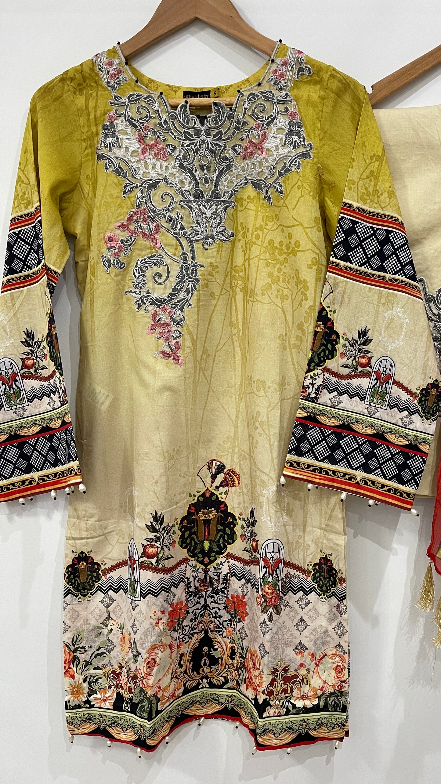 Original KHAS 3 Piece Stitched Yellow and Black Luxury Lawn Suit with Chiffon Dupatta (6650511491256)