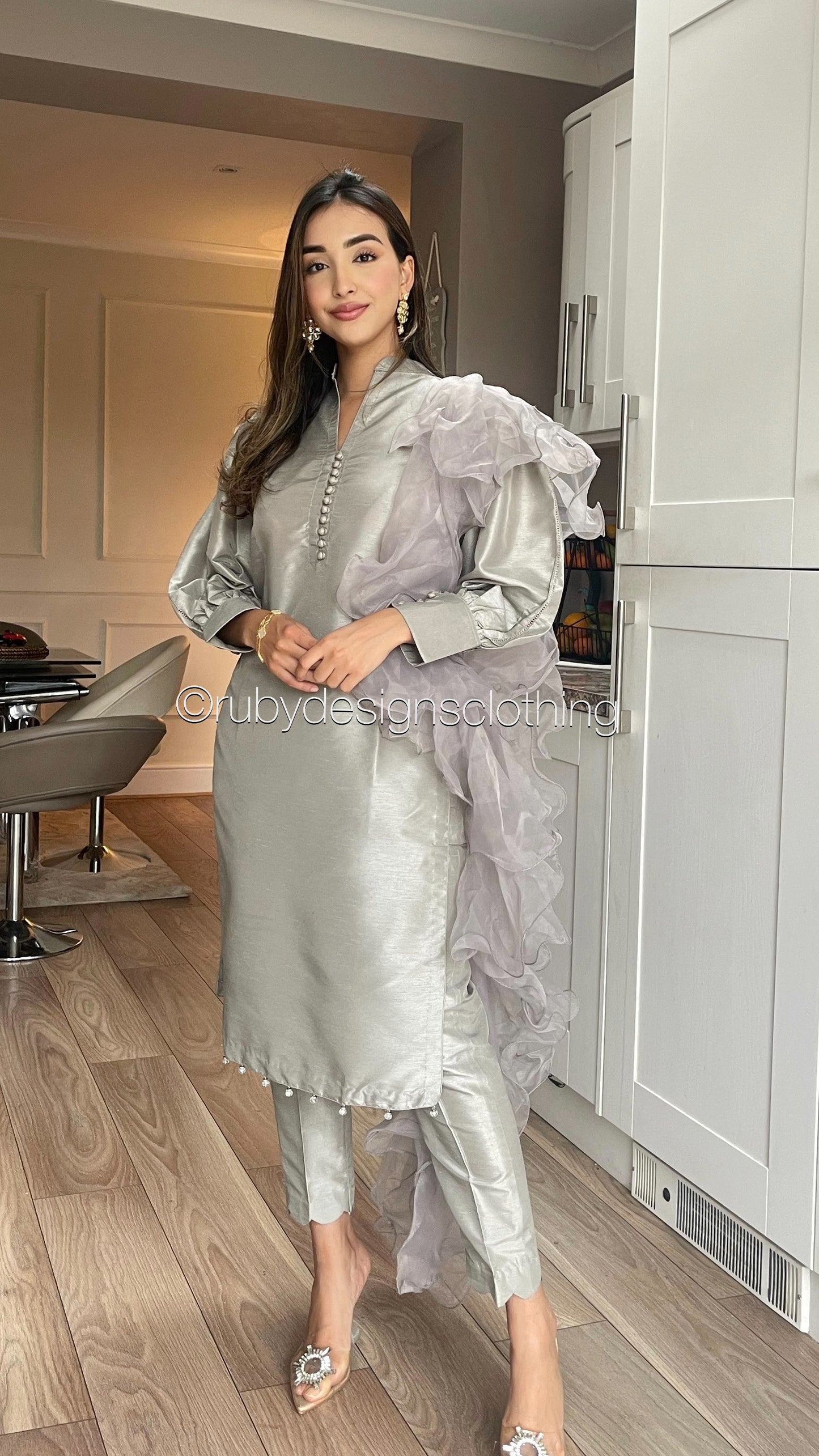 LAYLA Grey - 3 Piece Raw Silk Suit with Ruffle Dupatta (7803832533205)