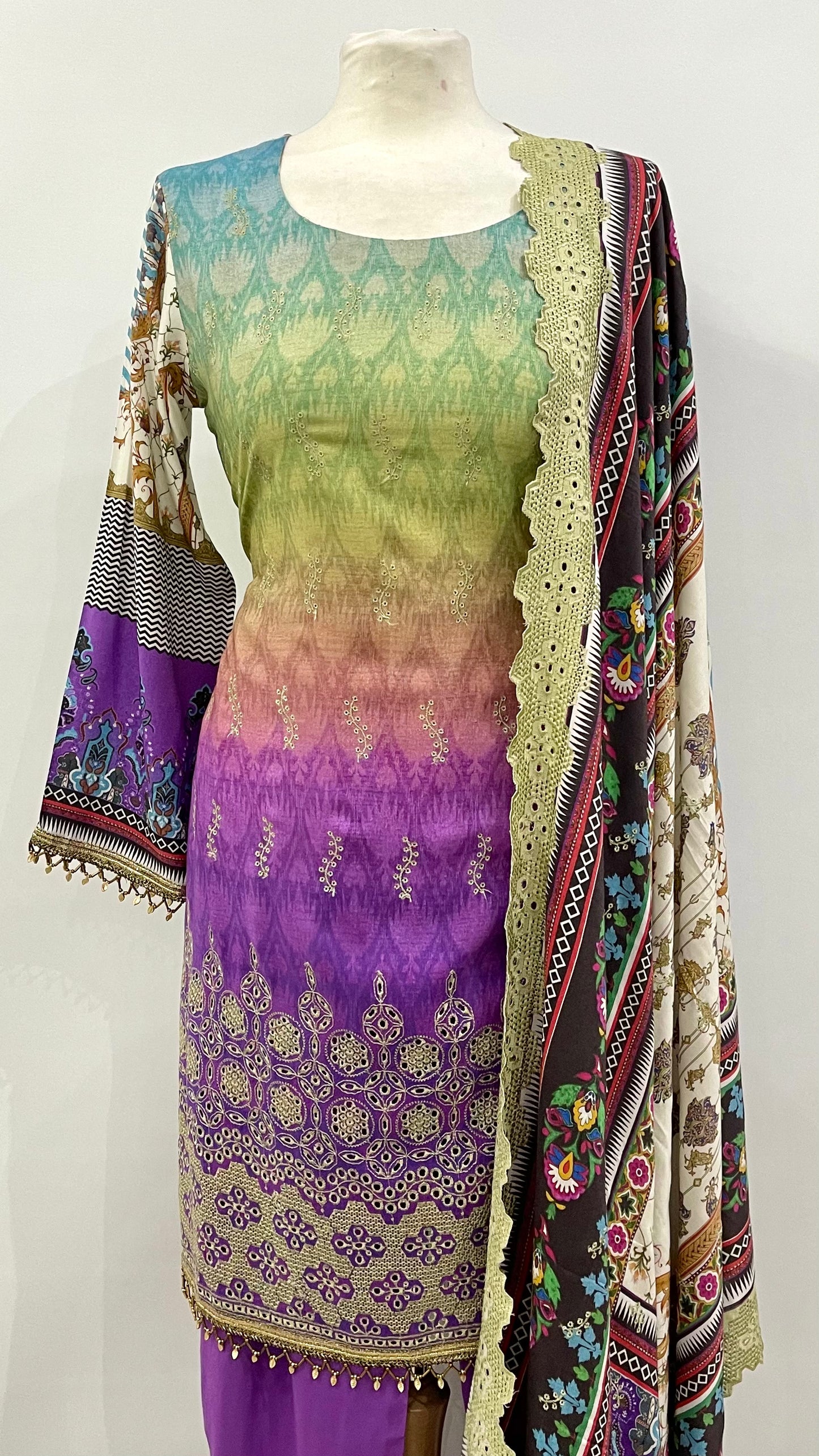 Original Kesarin by Riaz Arts Green and Purple Stitched Digital Viscose and Embroidered Suit
