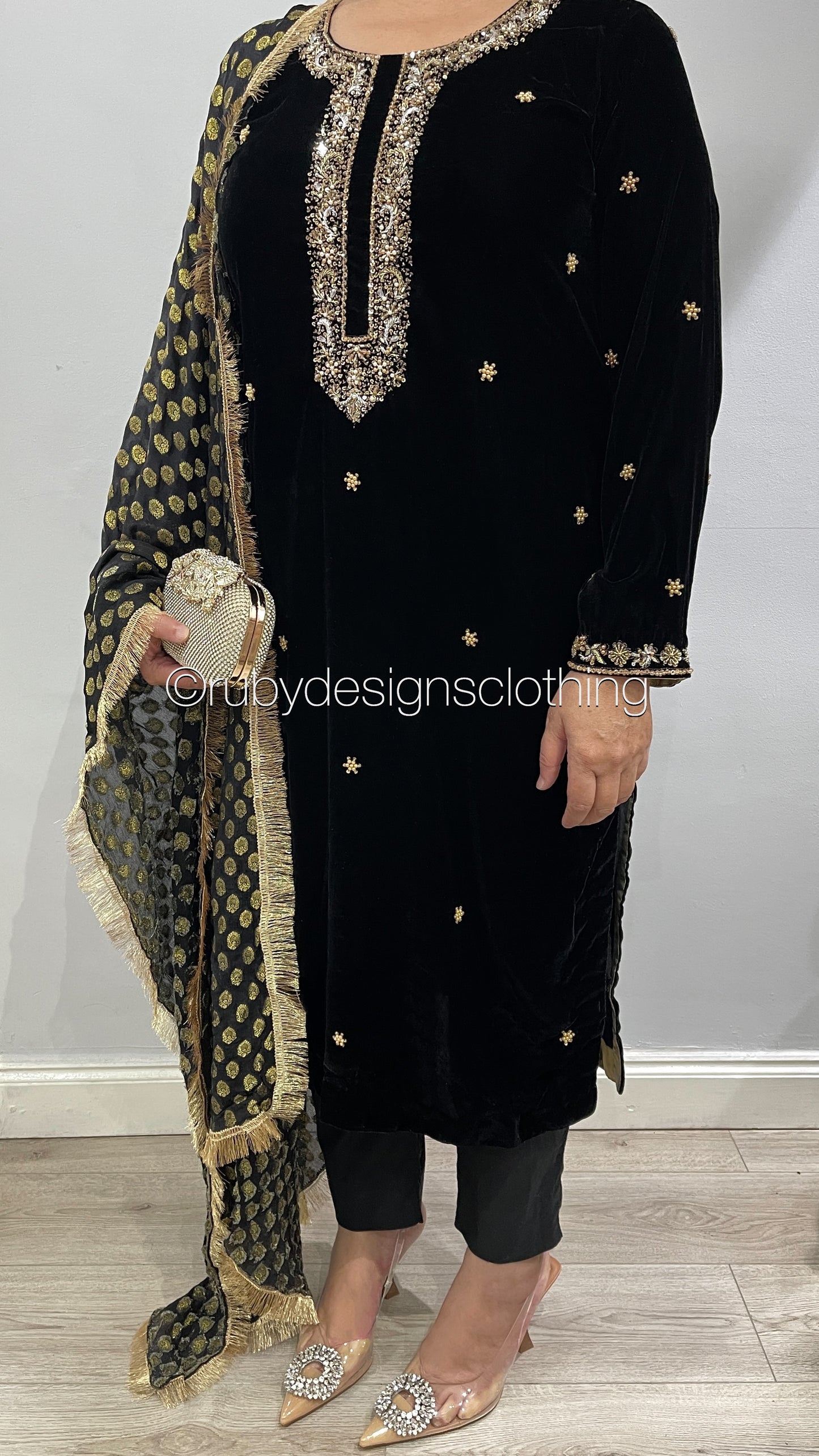 SAMINA - 3 Piece Black Velvet Suit with Jamawar Chiffon Dupatta (7960235311317)