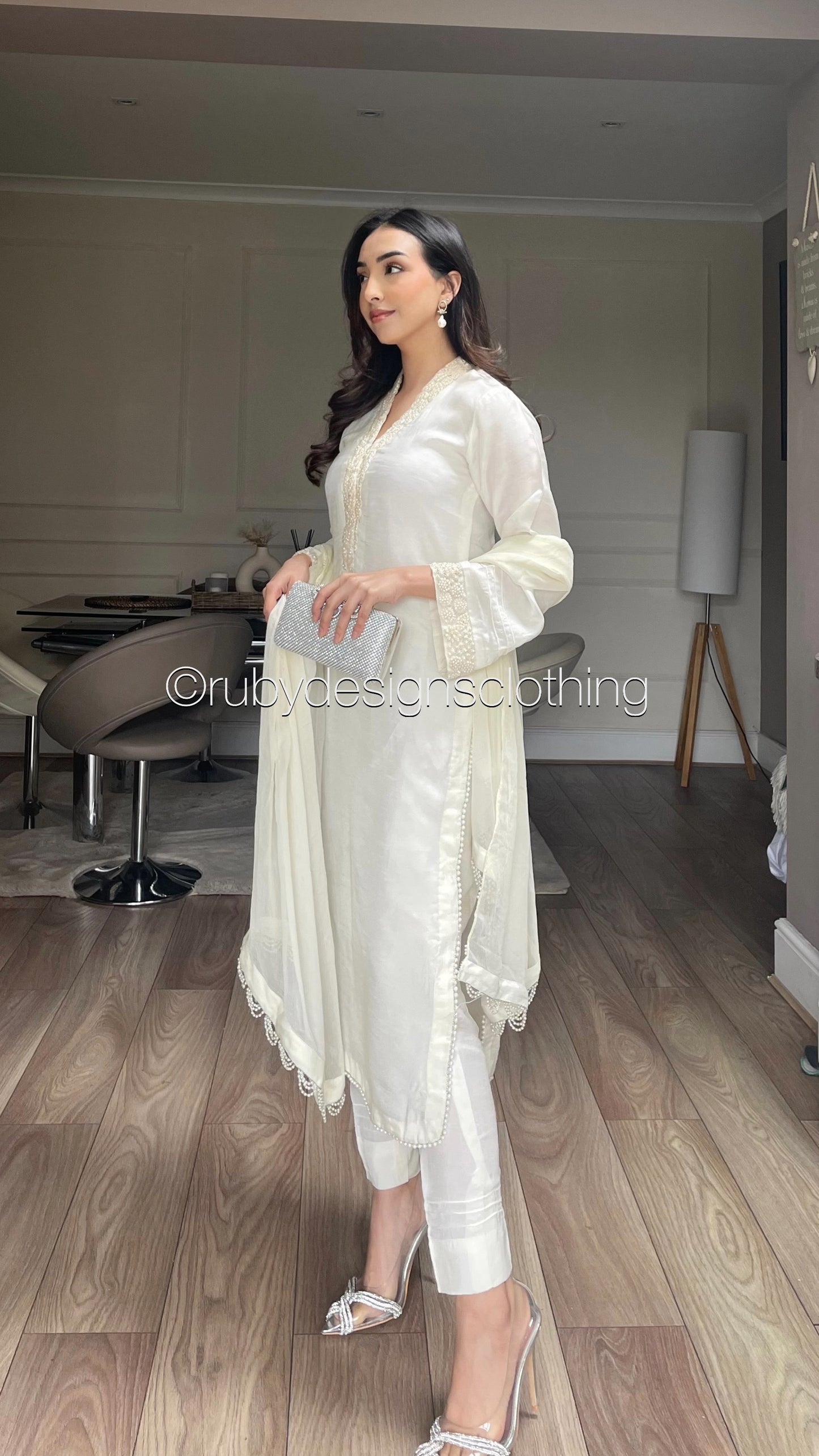 NURA - 3 Piece Off-White Korean Raw Silk Suit with Chiffon Dupatta