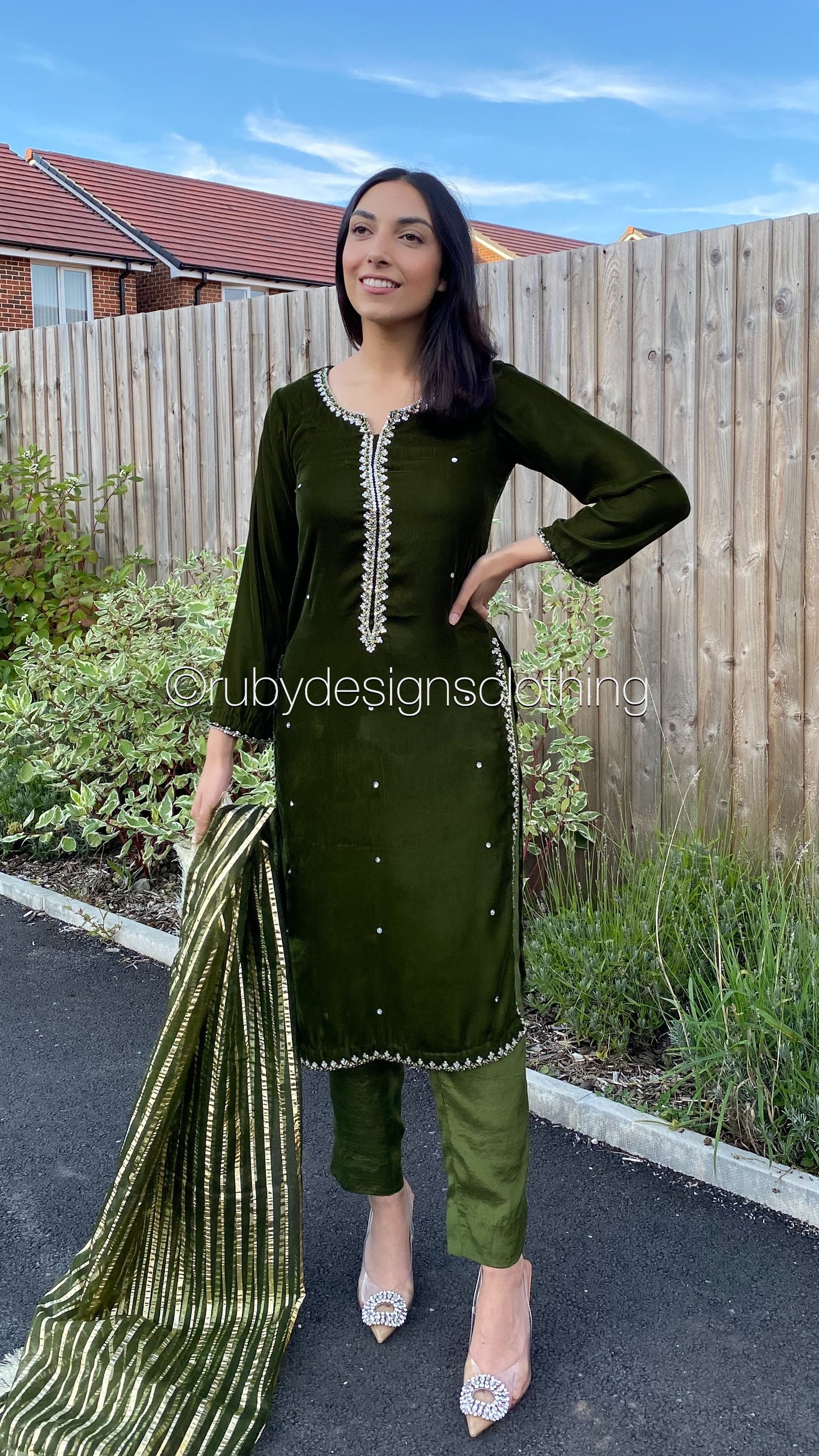 AMARA - 3 Piece Dark Green Velvet Suit with Organza Dupatta (7984216965333)
