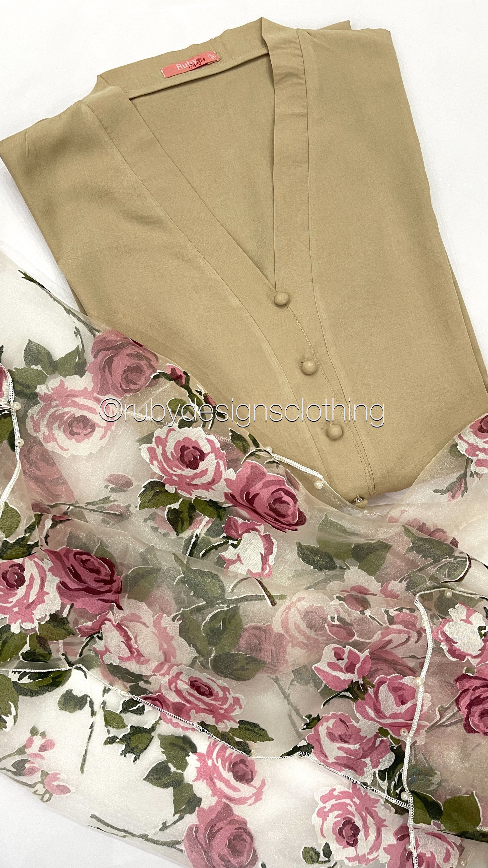 HANA Beige - 3 Piece Linen Suit with ORGANZA Dupatta (7905762869461)