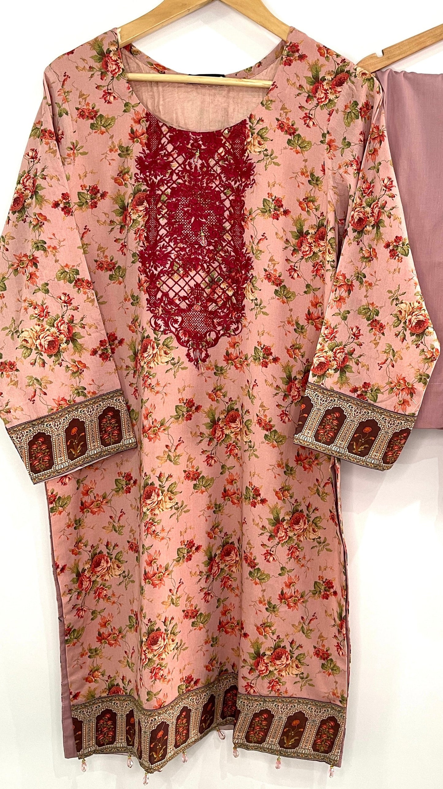 Original Manizay Pink 3 Piece Swiss Lawn Suit with Floral Print (6643671400632)