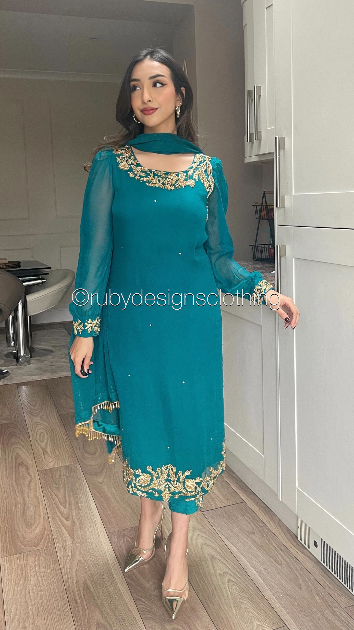 ANEEQA Teal - 4 Piece Chiffon Suit with Gold Handwork (8013104775381)
