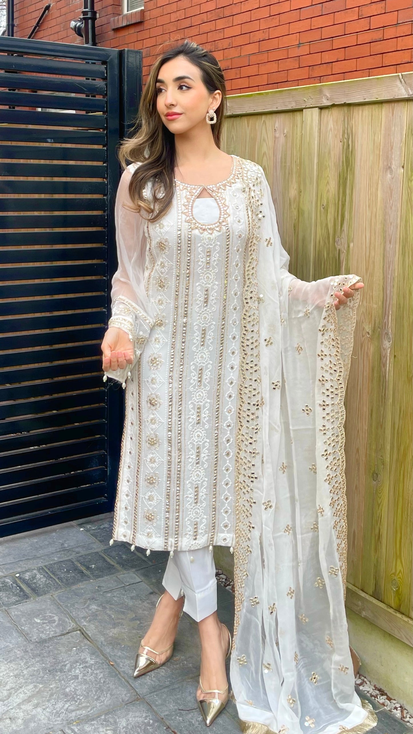 SABINA - Off-White and Gold Luxury 3 Piece Chikankari Chiffon Suit with Pure Chiffon Dupatta (7678066622677)