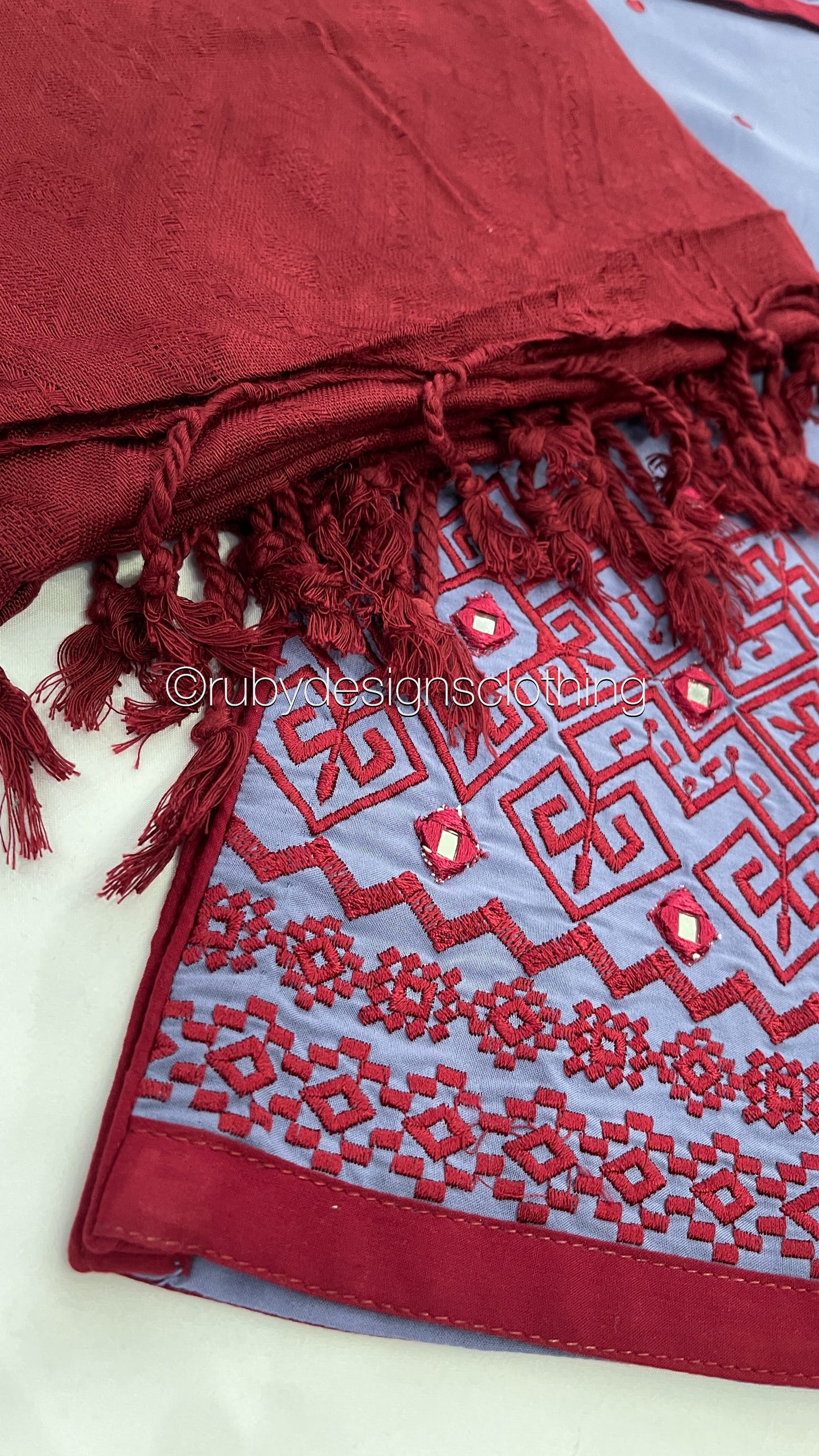 AMINAH - 3 Piece Blue Linen Suit with Maroon Embroidery and Shawl (7875260940501)