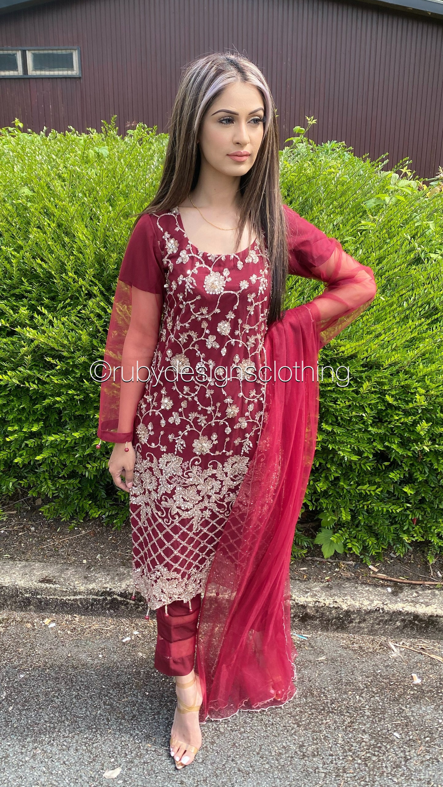 ALARA - 3 Piece Maroon Net Suit with Gold Embroidery (8017161650389) (8747681972437)