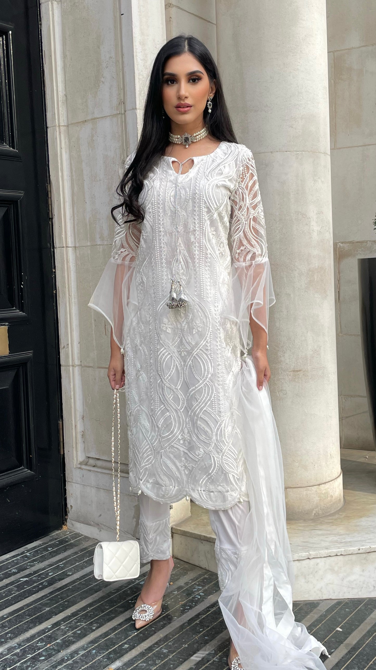 AIZAH - 3 Piece White Embroidered Net Suit Piece with Net Dupatta (7682168062165)