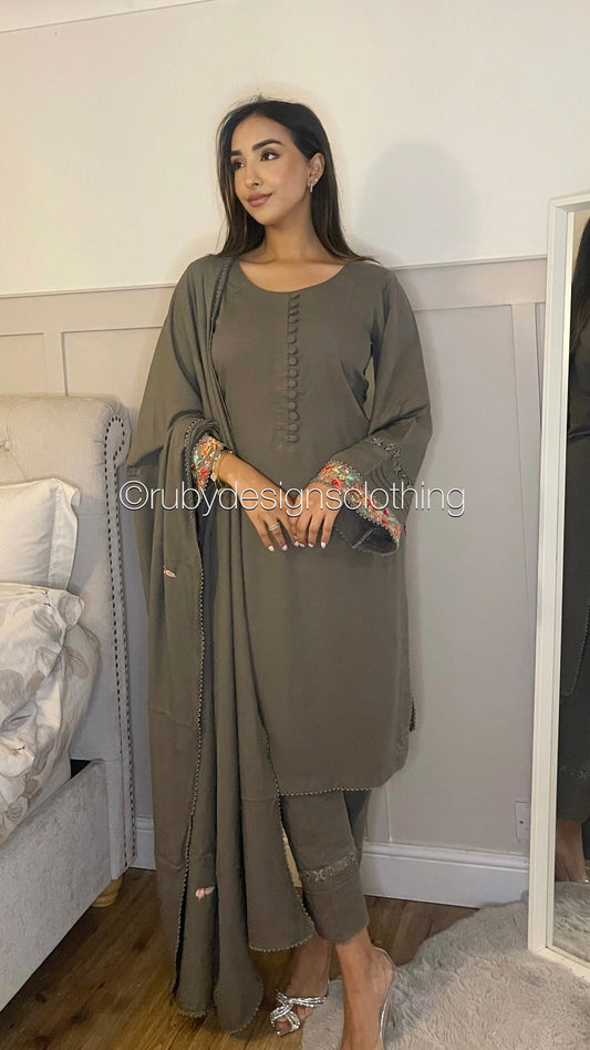 ALISHA - 3 Piece Grey Linen Suit with Shawl (7903130550485)