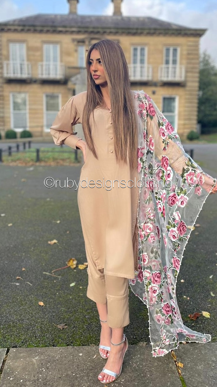 HANA Beige - 3 Piece Linen Suit with ORGANZA Dupatta