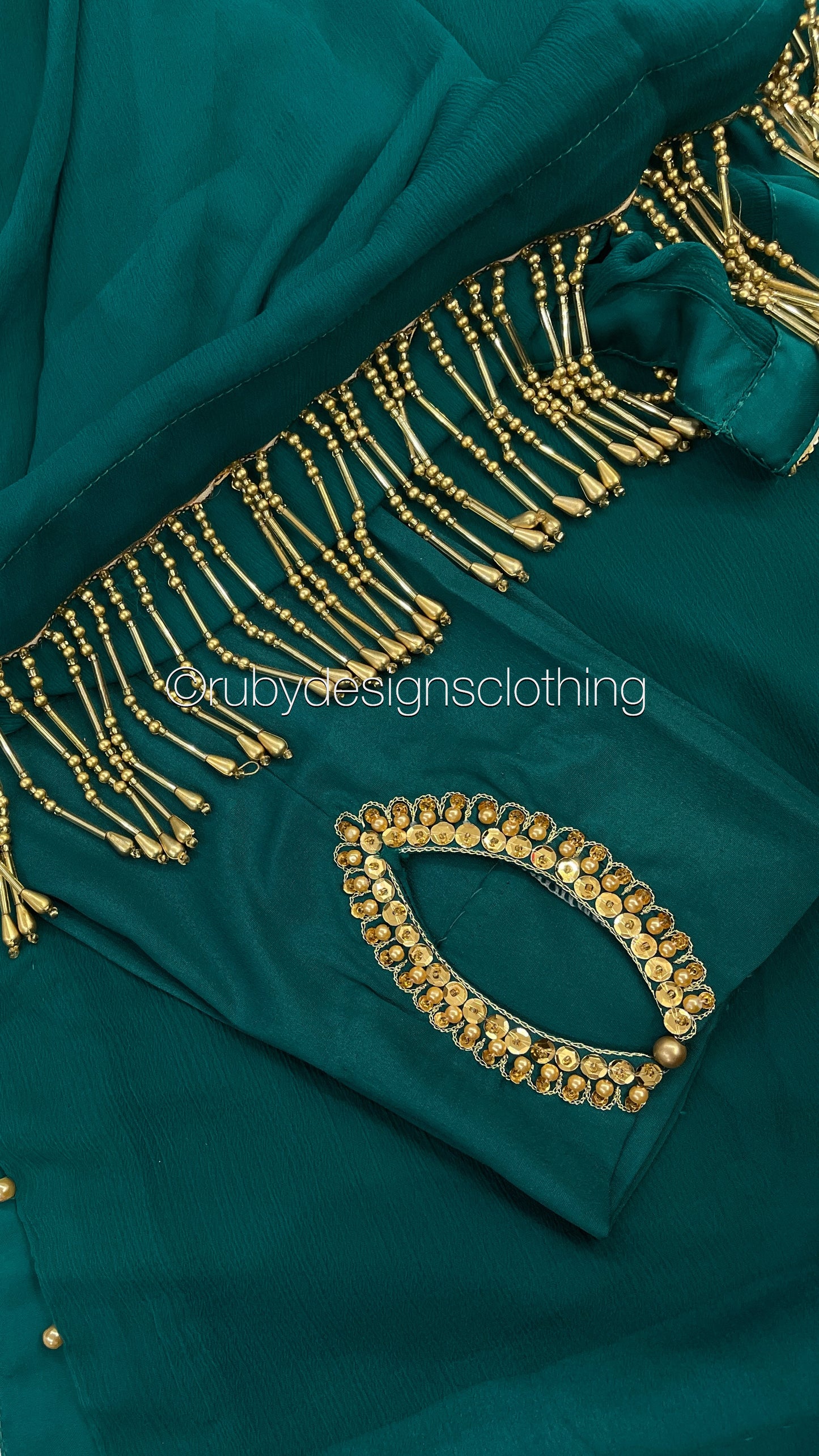 LIMITED EDITION HAYA Deep Sea Green - 3 Piece Chiffon Suit with Hand Embellished Neckline (7914318266581) (8748083511509)