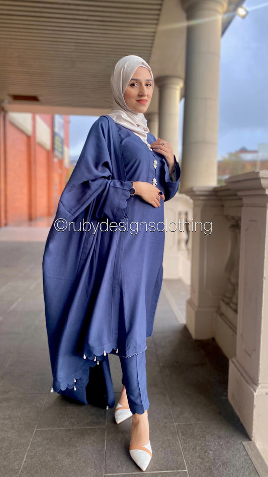 NEELAM - 3 Piece Linen Navy Suit with Shawl (7934795841749)