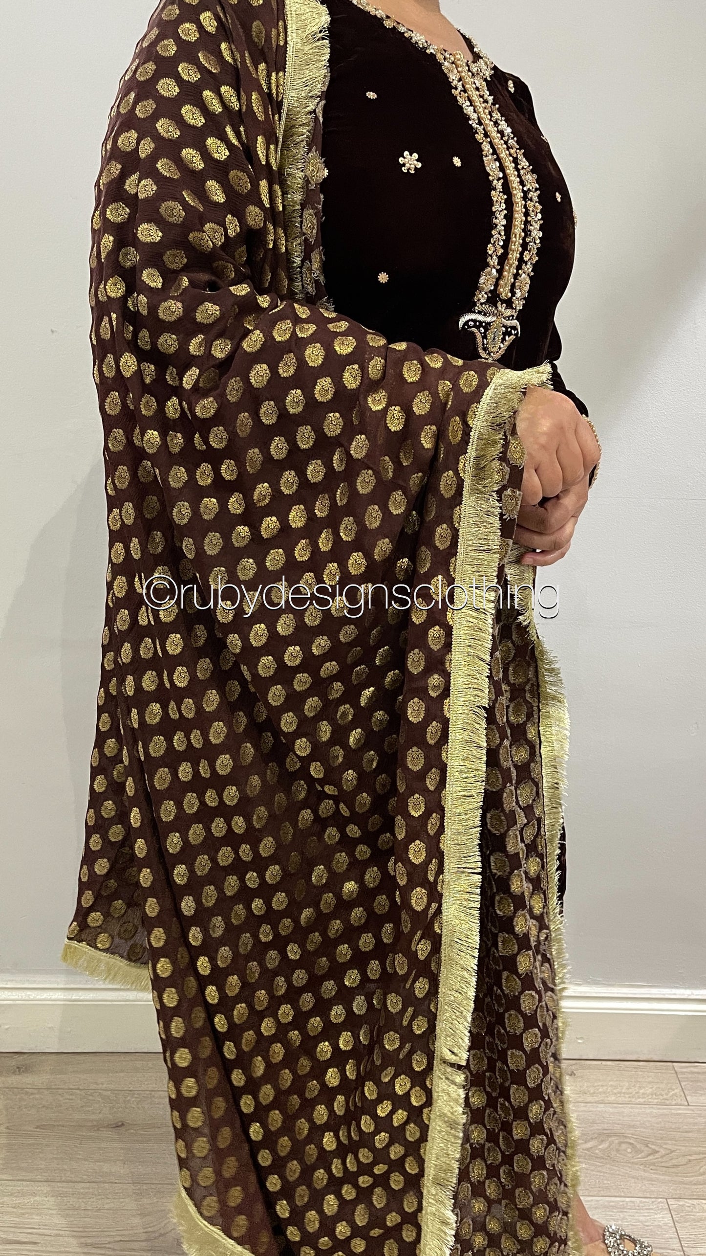 RAIYA - 3 Piece Brown Velvet Suit with Jamawar Chiffon Dupatta (7954033672405)
