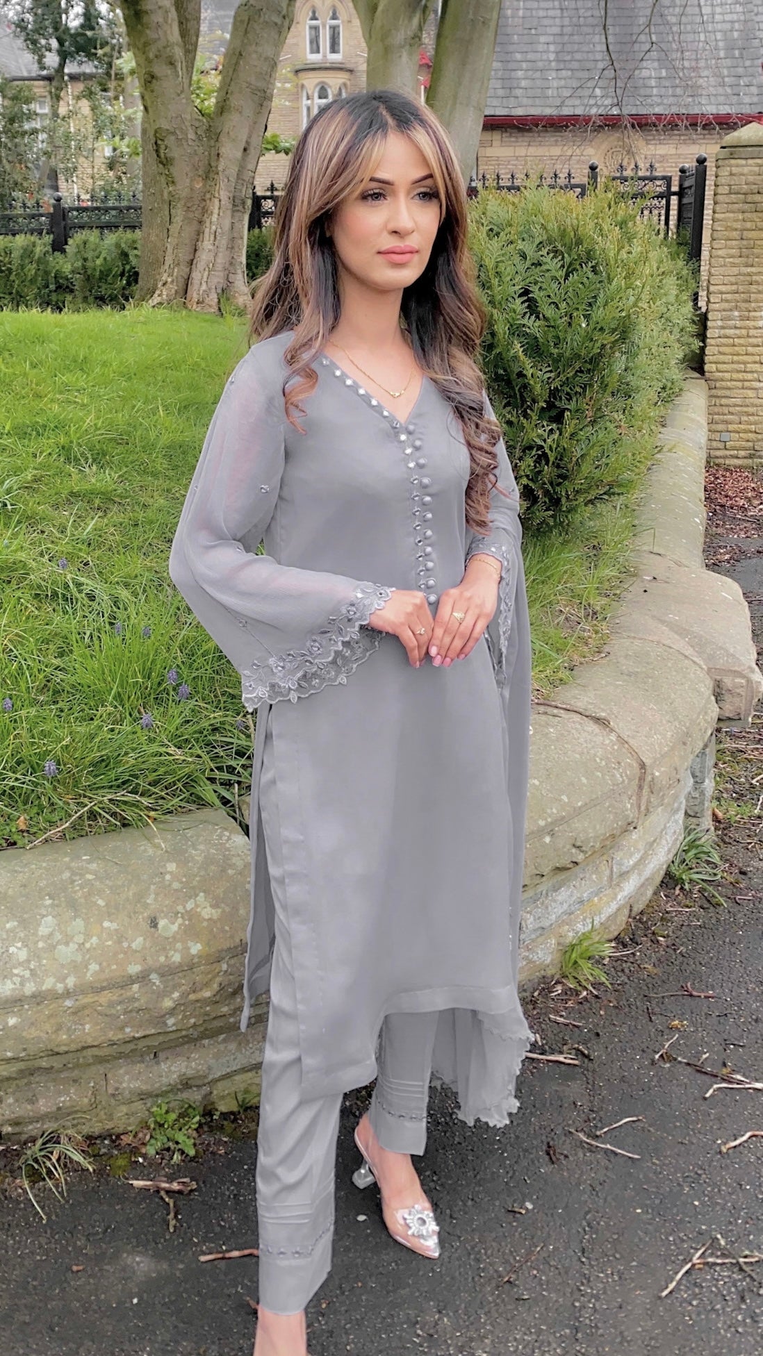 AVA - Grey 3 Piece Chiffon Suit with Mirror Details (7669096579285)