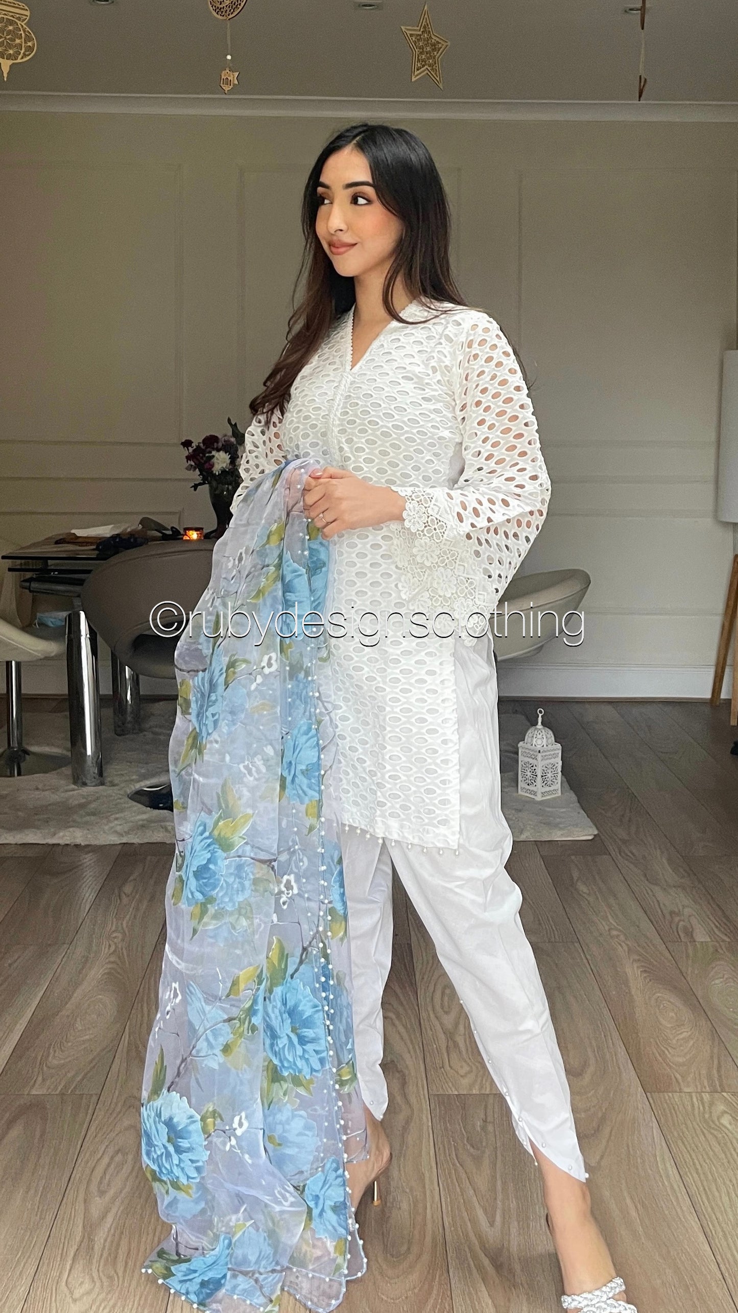 AZINA - 3 Piece White Chikankari Suit with Floral Print Organza Dupatta (8022267691221) (8747890376917)