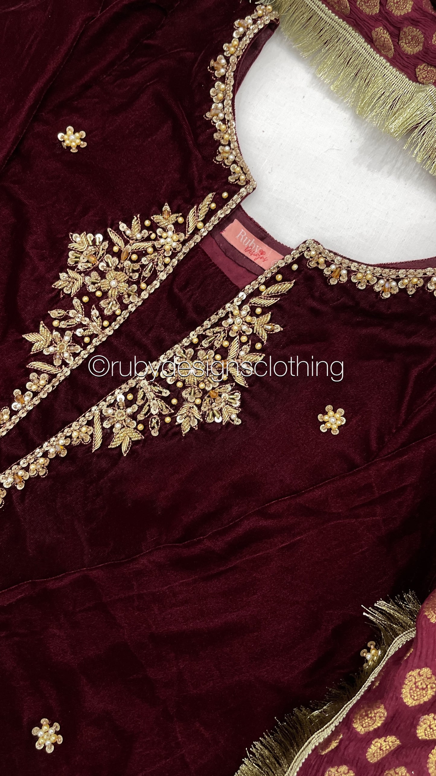 HOORIA - 3 Piece Maroon Velvet Suit with Jamawar Chiffon Dupatta (7960240947413)