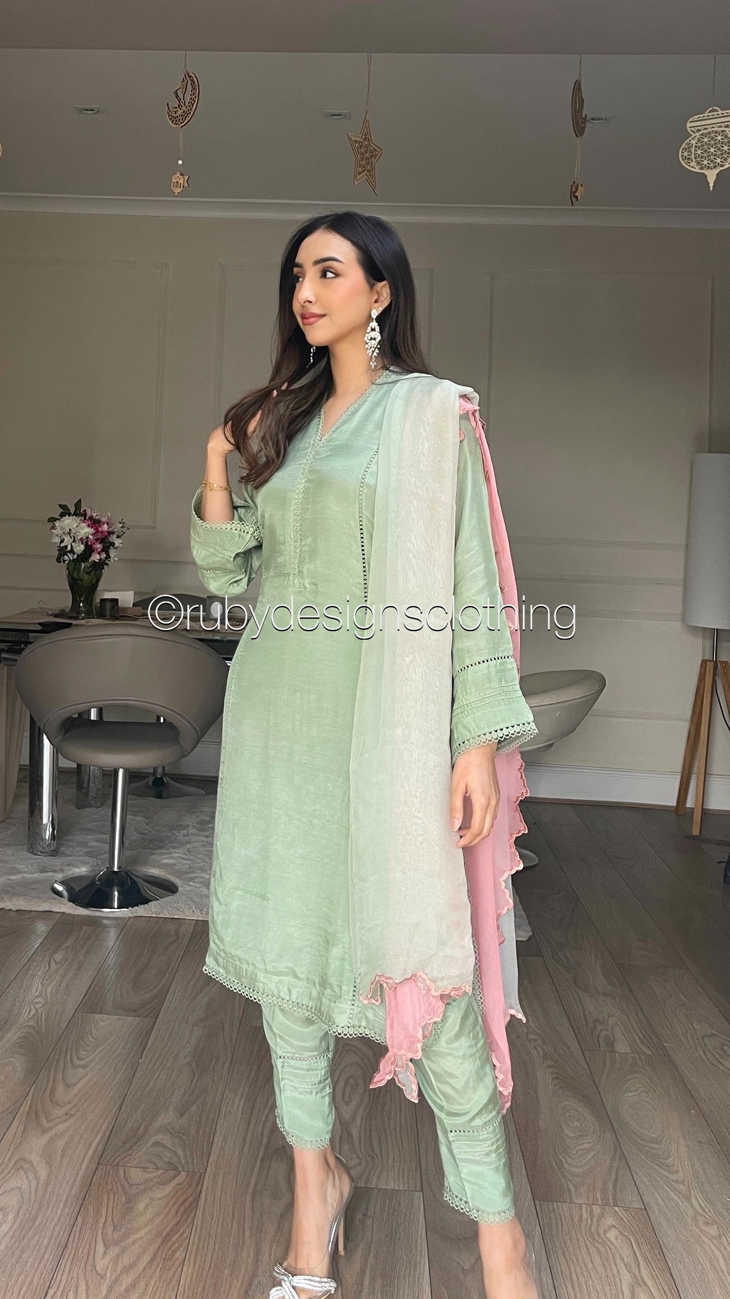 LAYYA - 3 Piece Light Green Cotton Silk Suit with Three Toned Chiffon Dupatta (8028375777493)