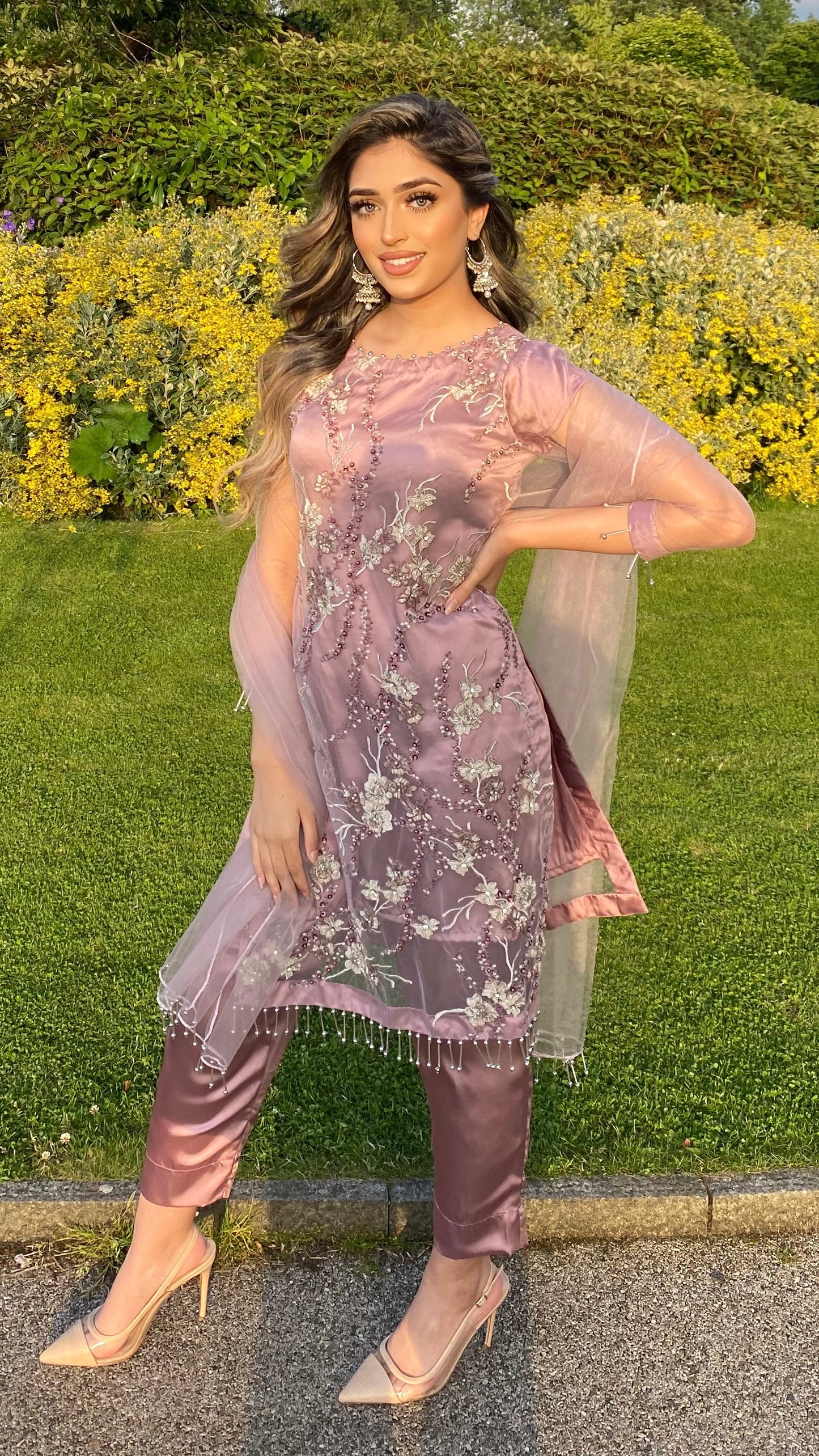 MAYAH - 3 Piece Heavy Embroidered Pink Net Suit with Tassels (6773489533112)