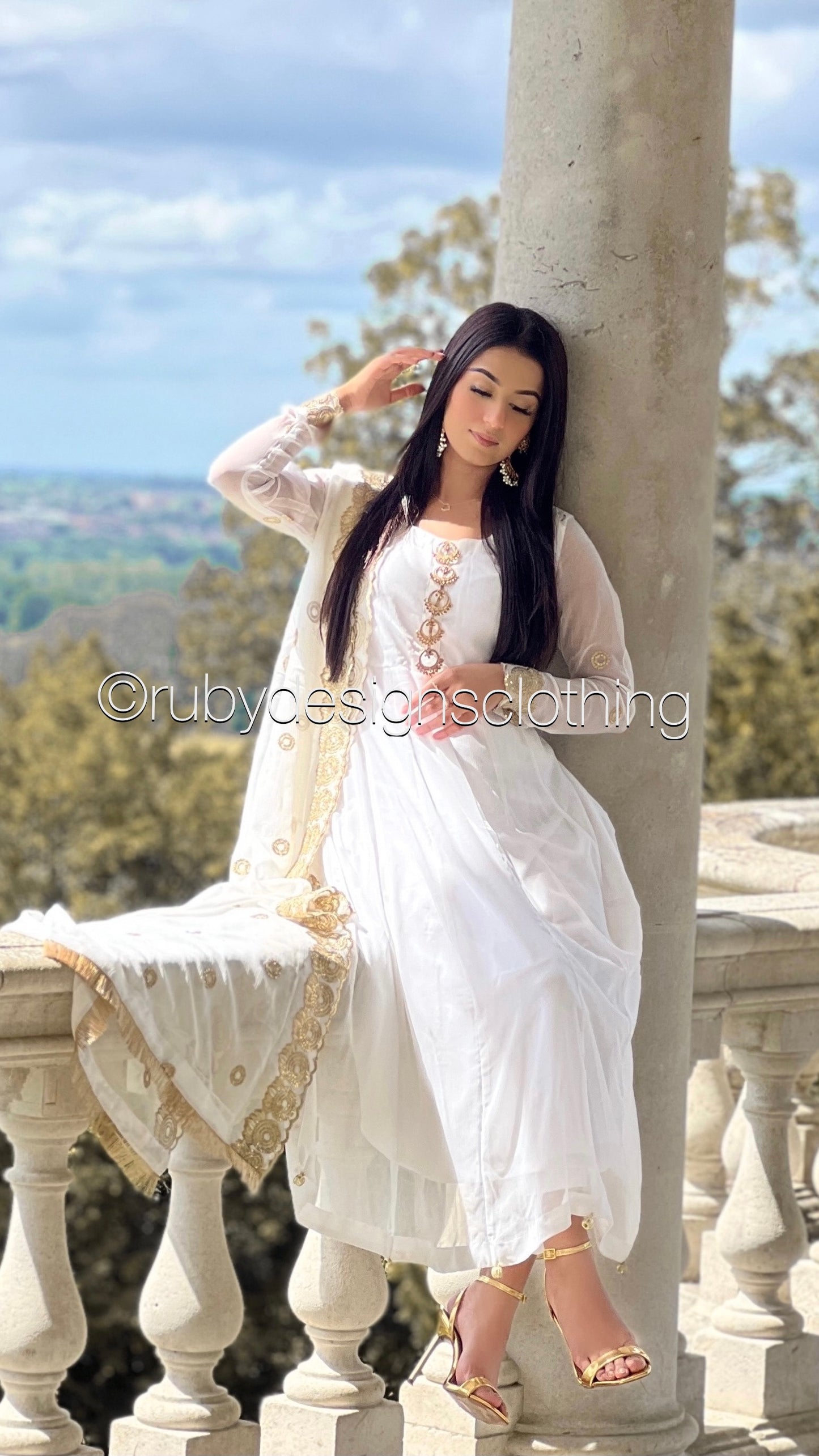 MAYA - 3 Piece White Anarkali Suit with Sequin Work Chiffon Dupatta (7765653946581)