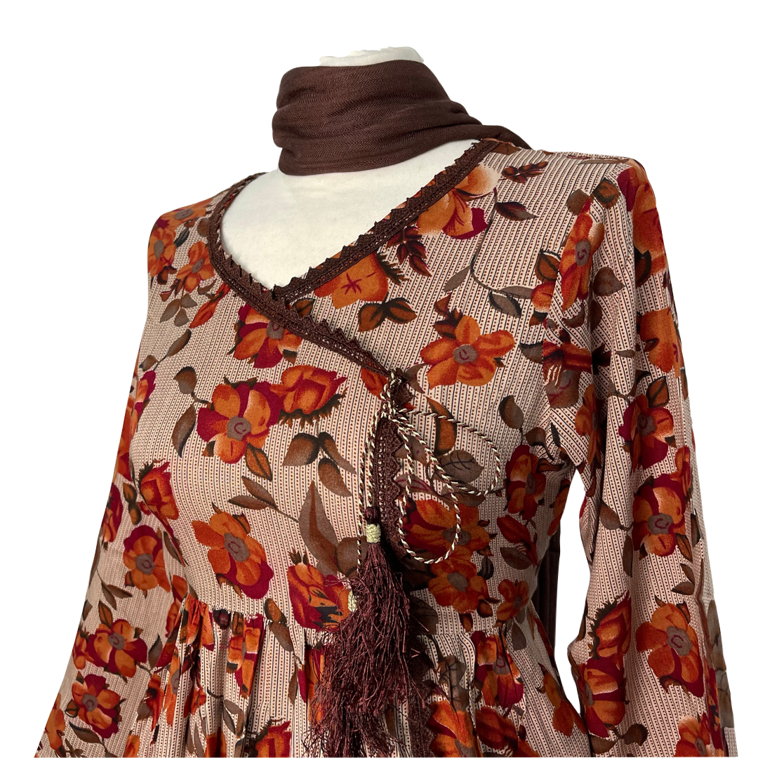 Brown 3 Piece Linen Floral Print Dress (6577917690040)