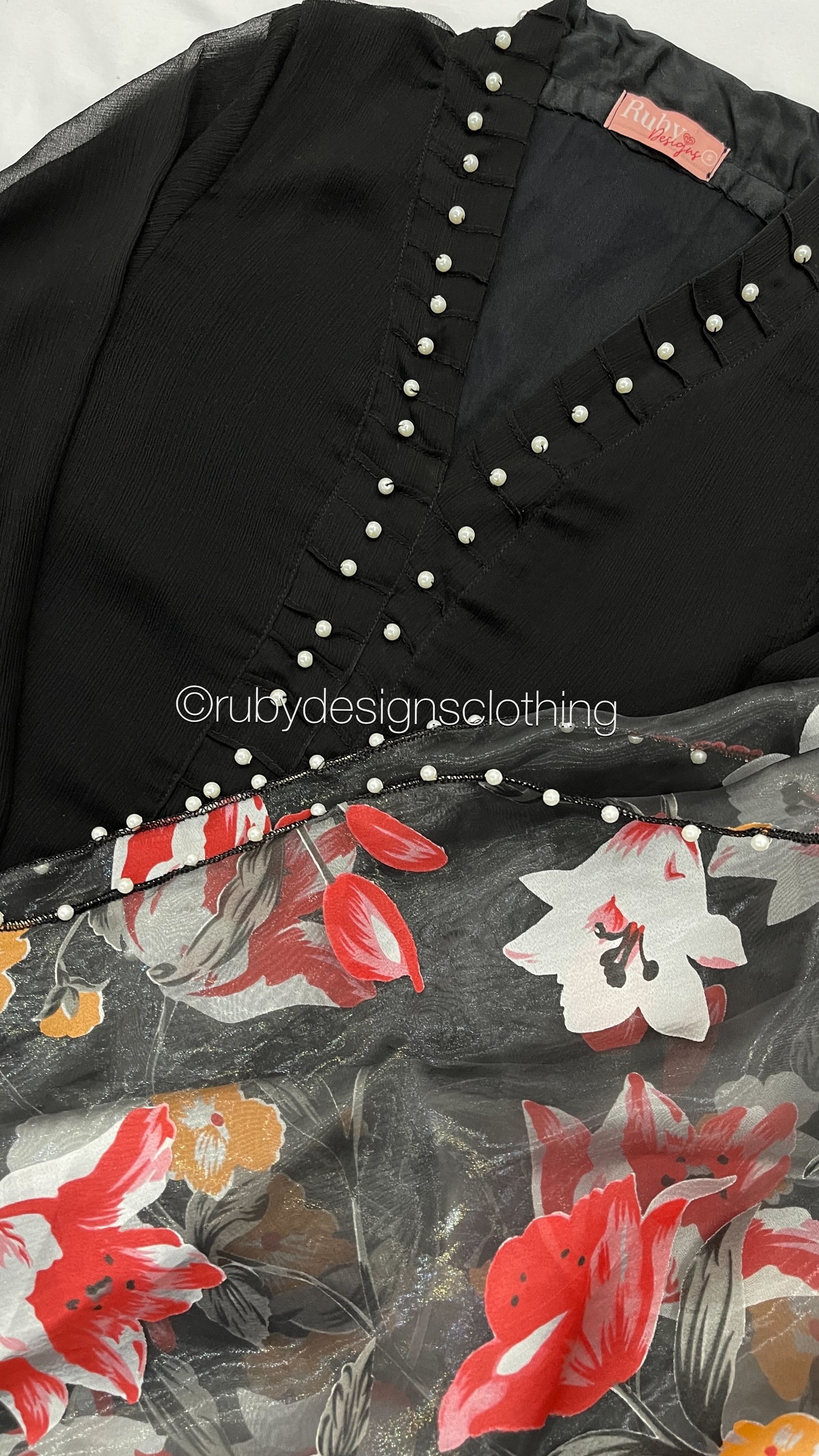 ARIA Black - 3 Piece Chiffon Suit with Floral Print Organza Dupatta