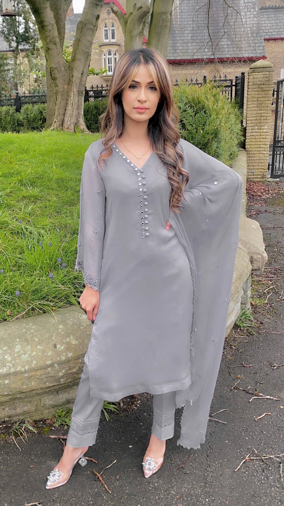 AVA - Grey 3 Piece Chiffon Suit with Mirror Details (7669096579285)