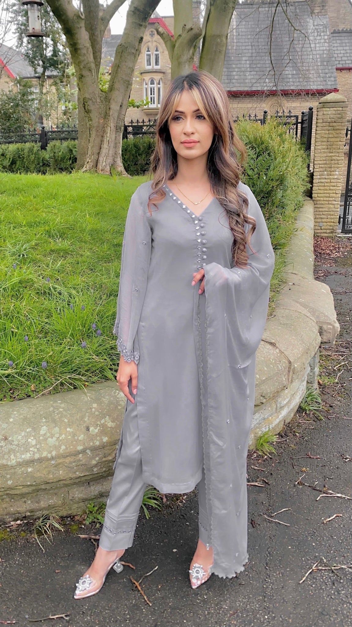 AVA - Grey 3 Piece Chiffon Suit with Mirror Details (7669096579285)