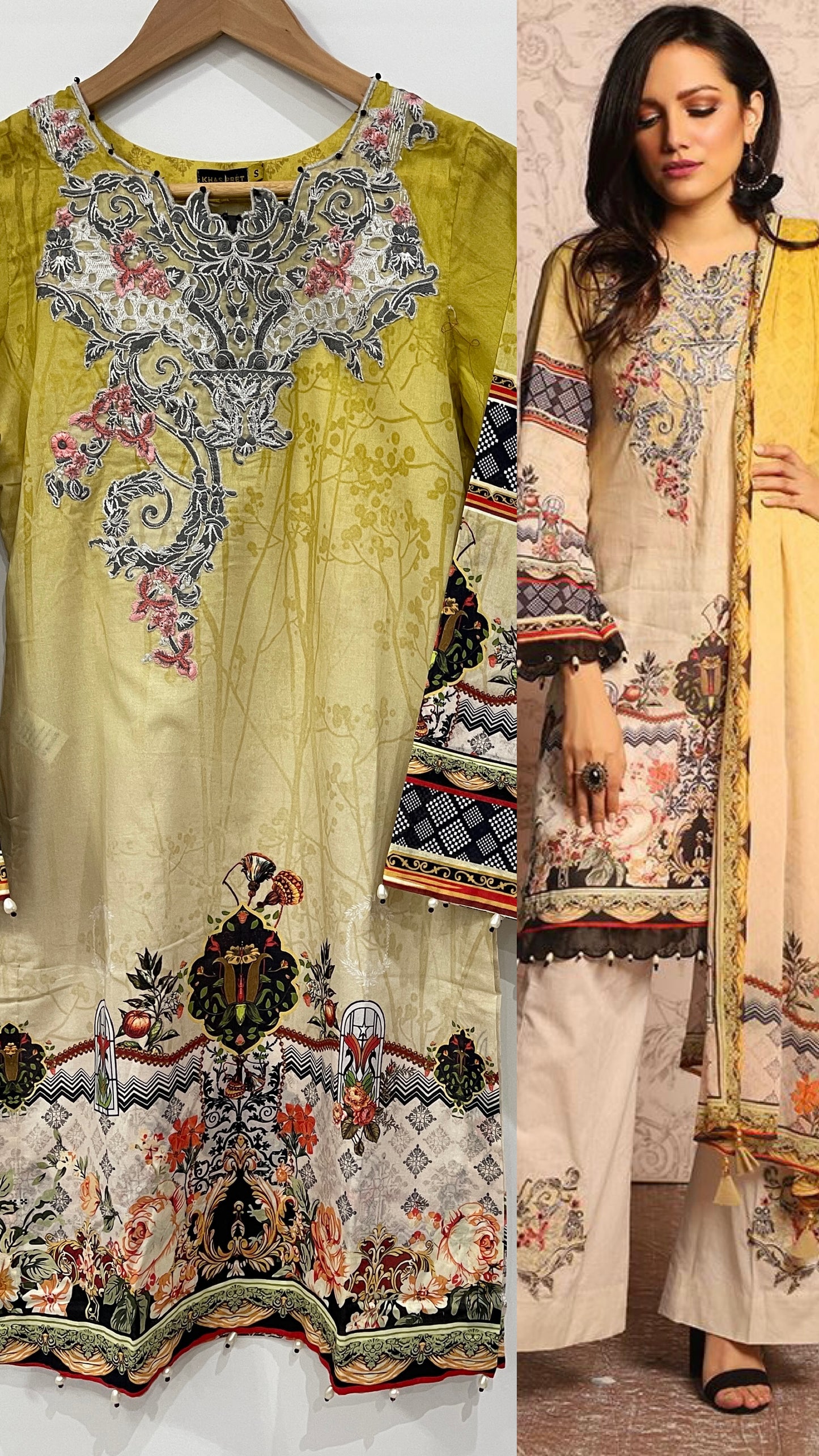 Original KHAS 3 Piece Stitched Yellow and Black Luxury Lawn Suit with Chiffon Dupatta (6650511491256)