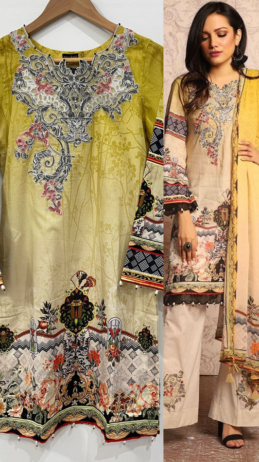 Original KHAS 3 Piece Stitched Yellow and Black Luxury Lawn Suit with Chiffon Dupatta (6650511491256)