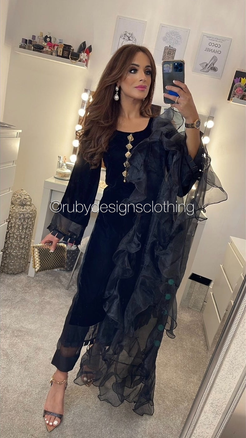 SAADIA - 3 Piece Black Velvet Suit with Organza Dupatta (7547181957333)