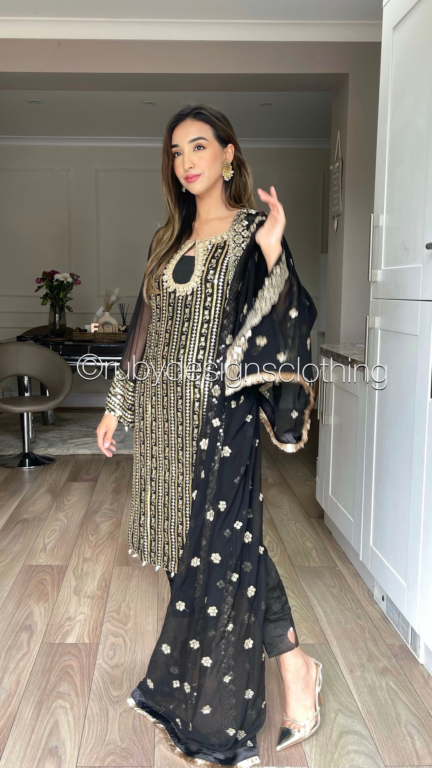 MAHAM - Black and Gold Luxury 3 Piece Chikankari Chiffon Trouser Suit with Pure Chiffon Dupatta (7753693987029)